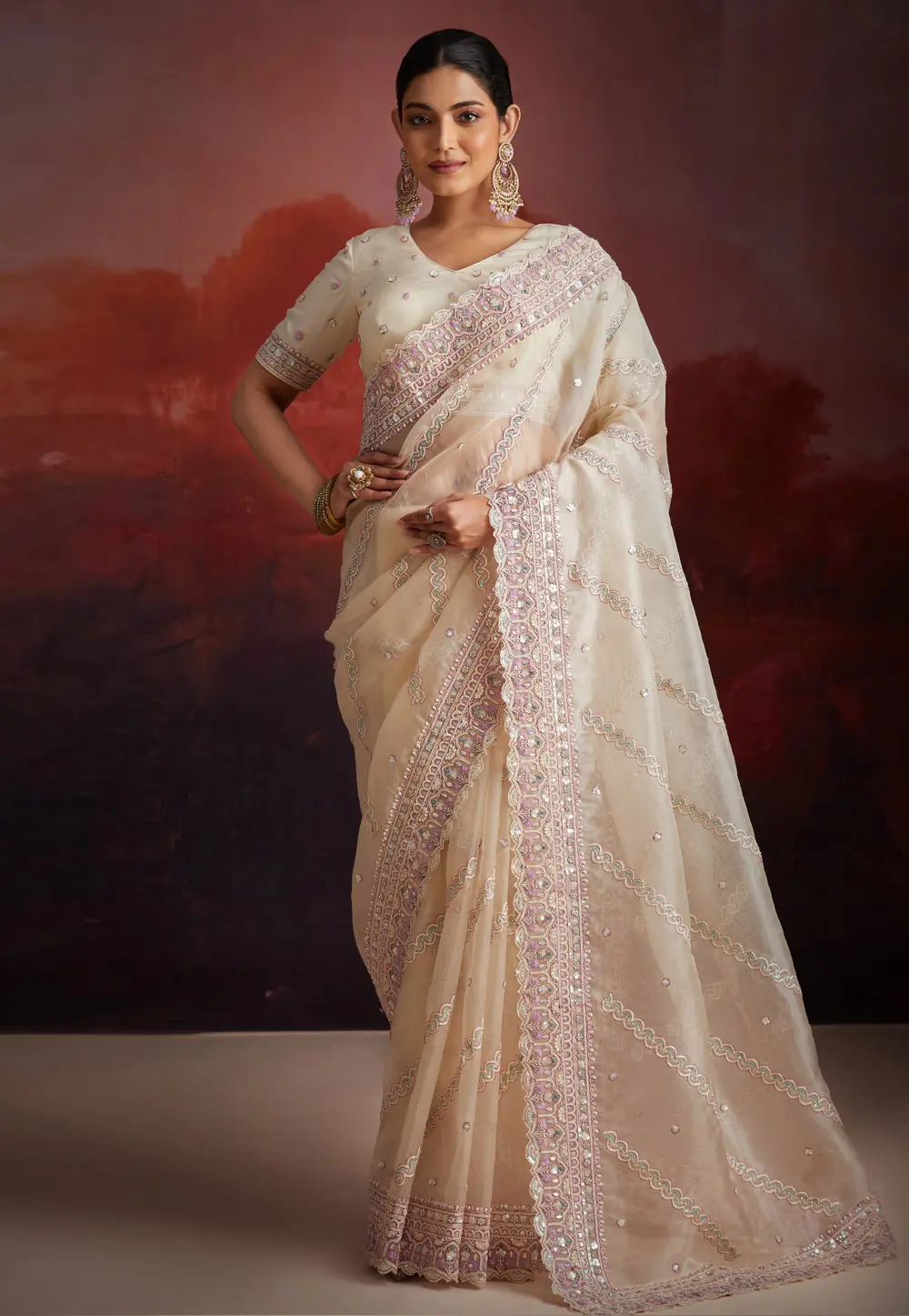 Cream Net Saree With Blouse 301263