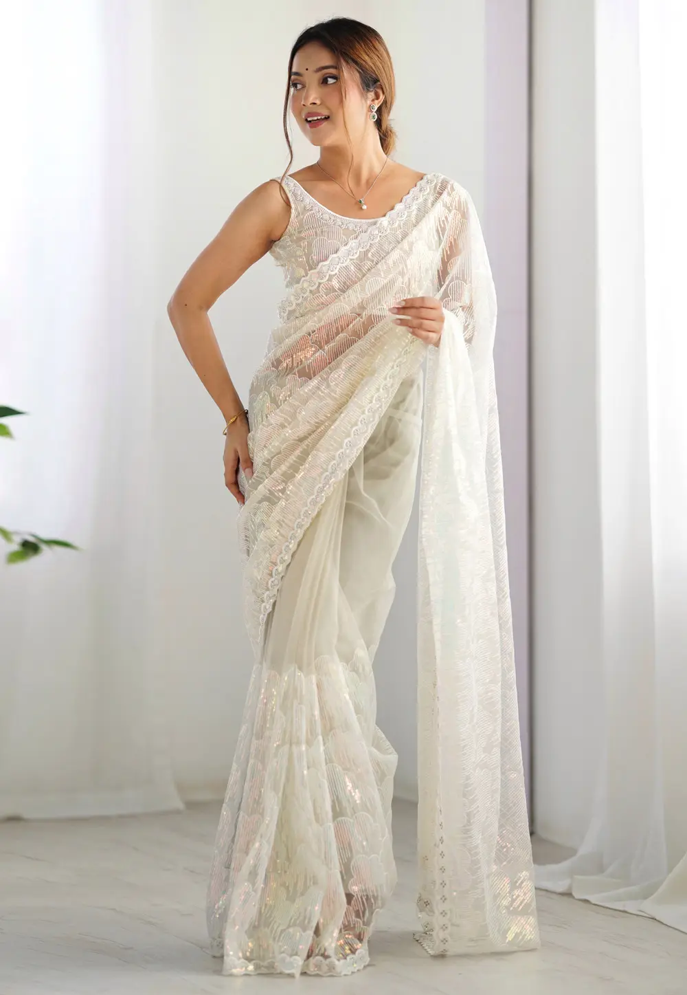 Cream Net Saree With Blouse 300312