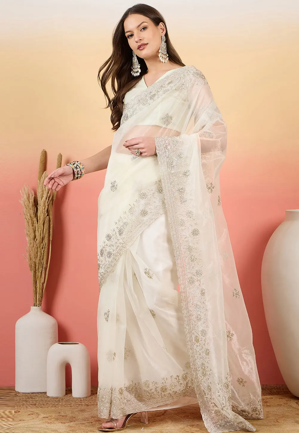 Cream Net Saree With Blouse 304682