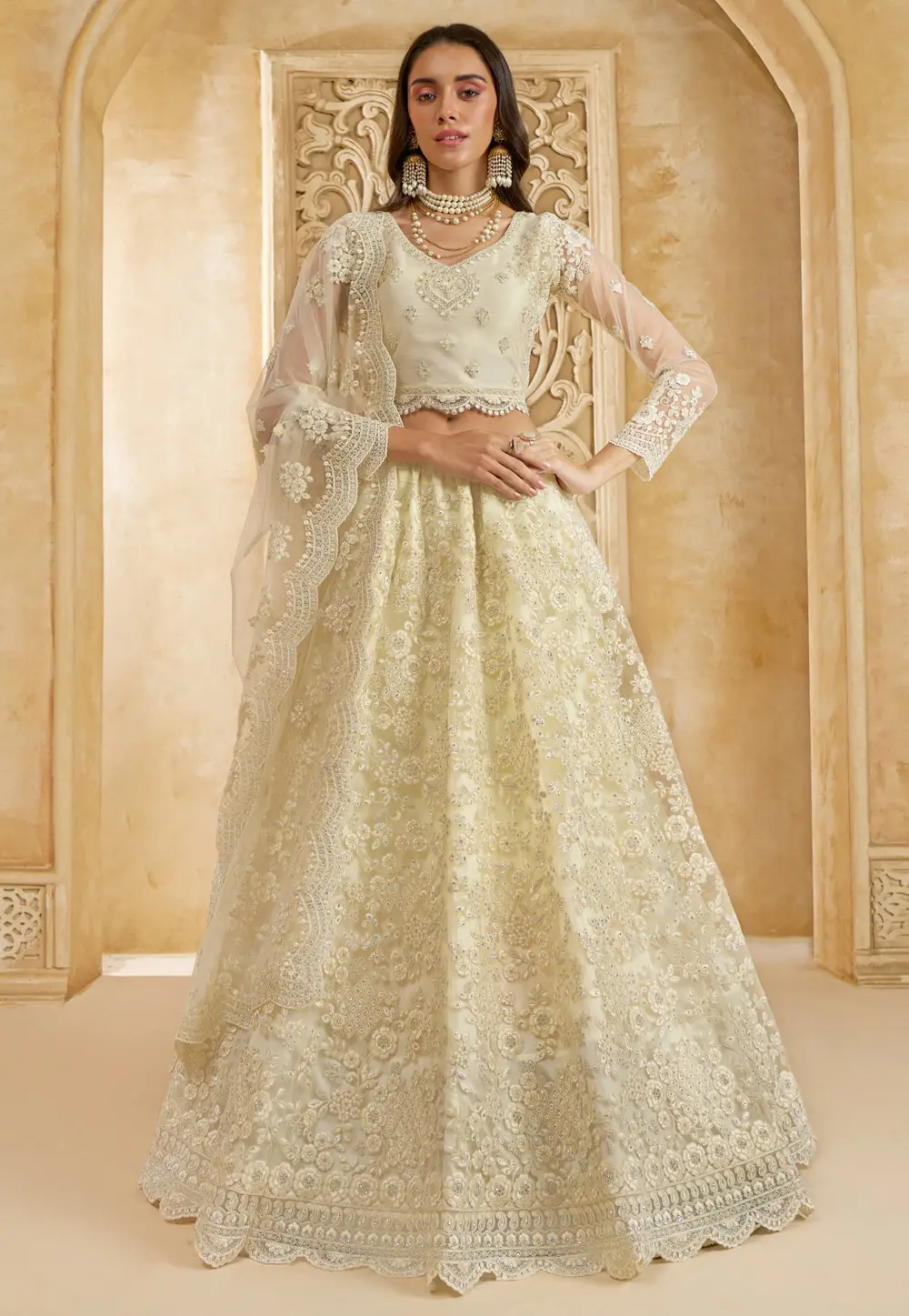 Cream Net Wedding Lehenga Choli 298538