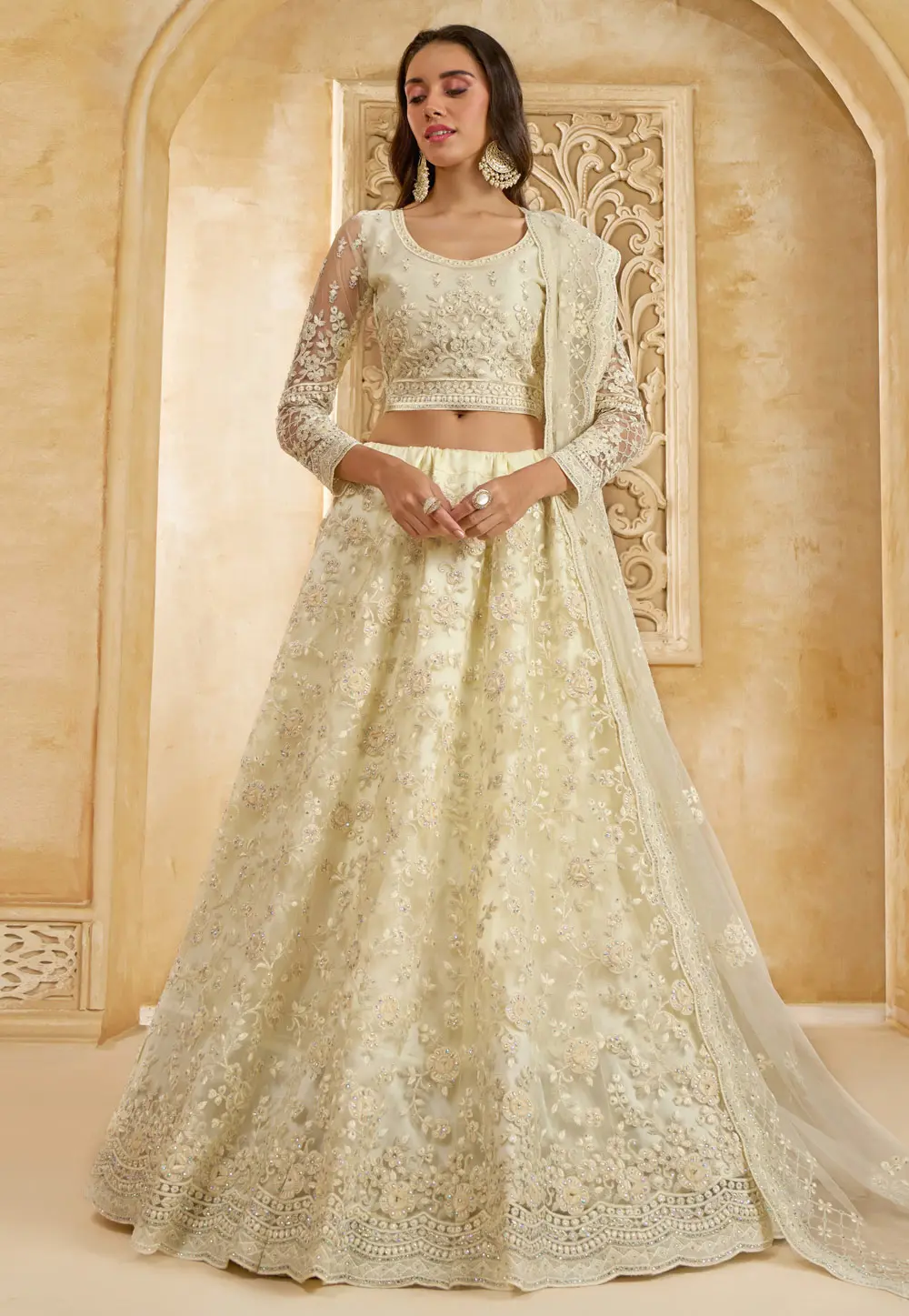 Cream Net Wedding Lehenga Choli 298546