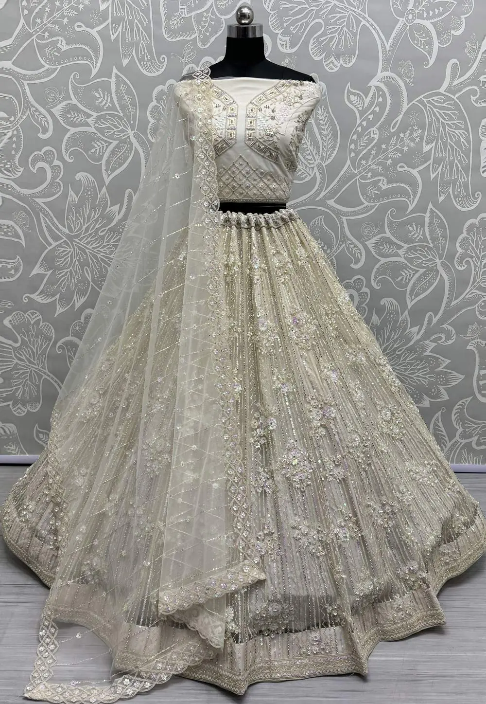 Cream Net Wedding Lehenga Choli 298908