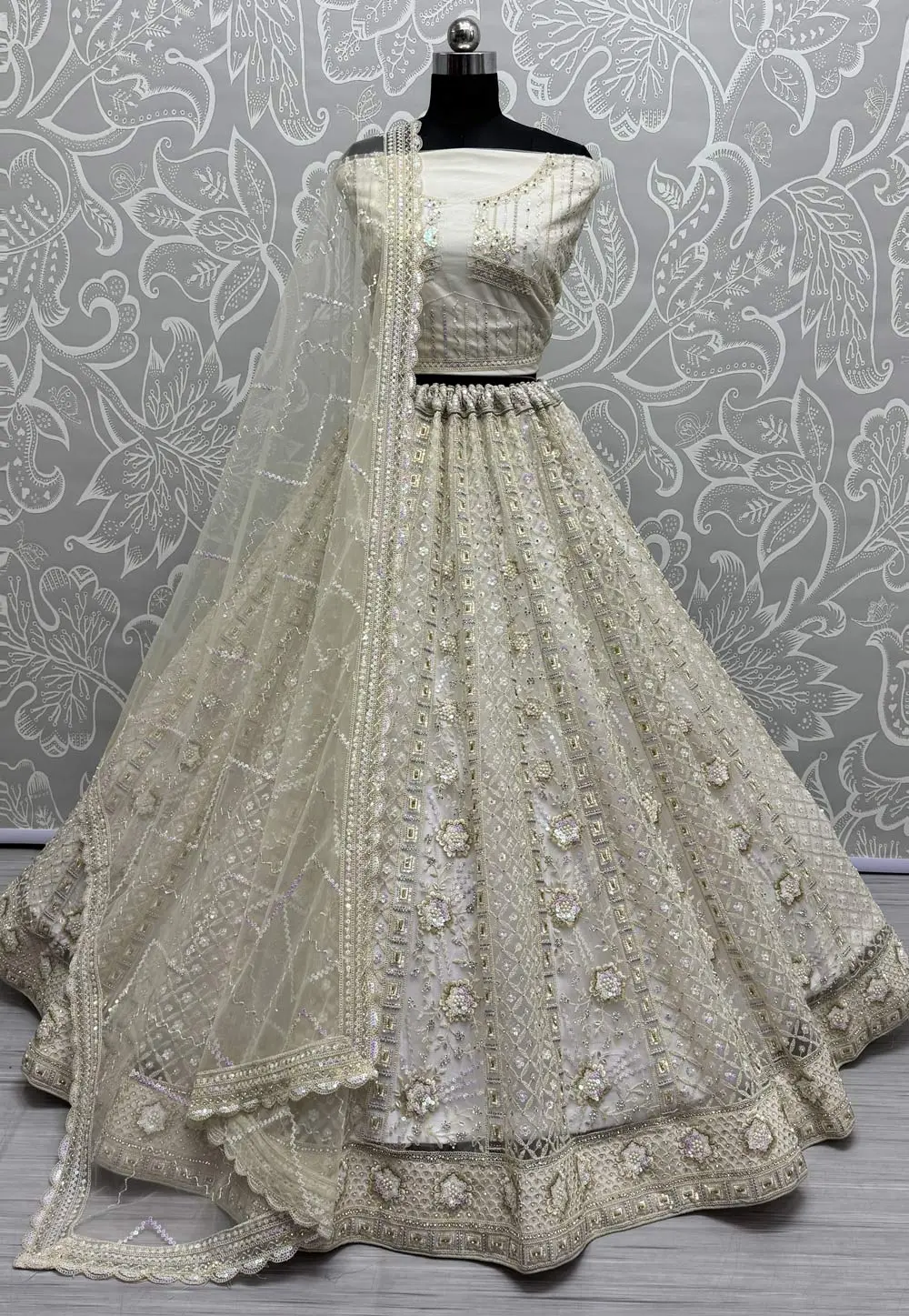 Cream Net Wedding Lehenga Choli 299737