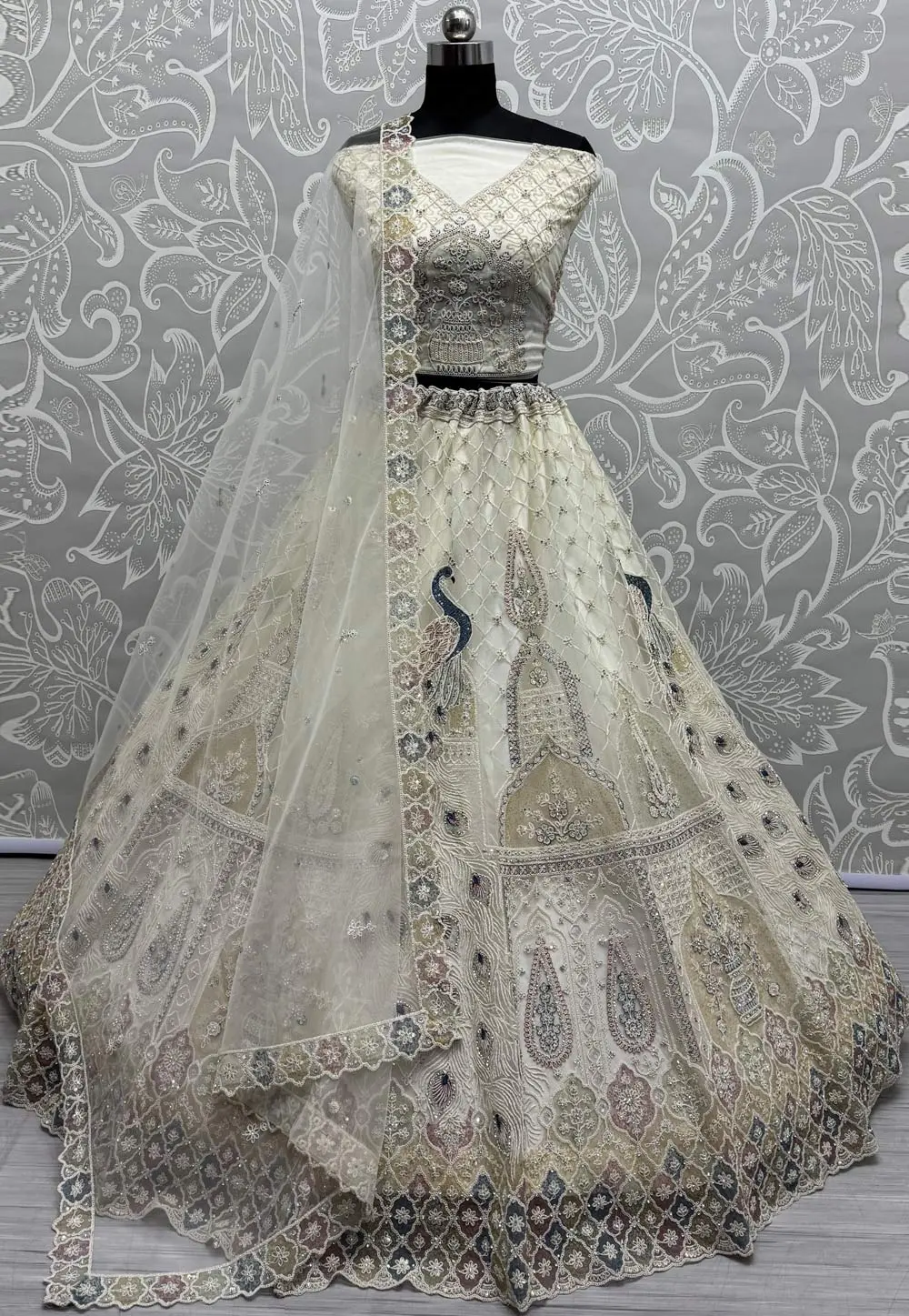 Cream Net Wedding Lehenga Choli 304144