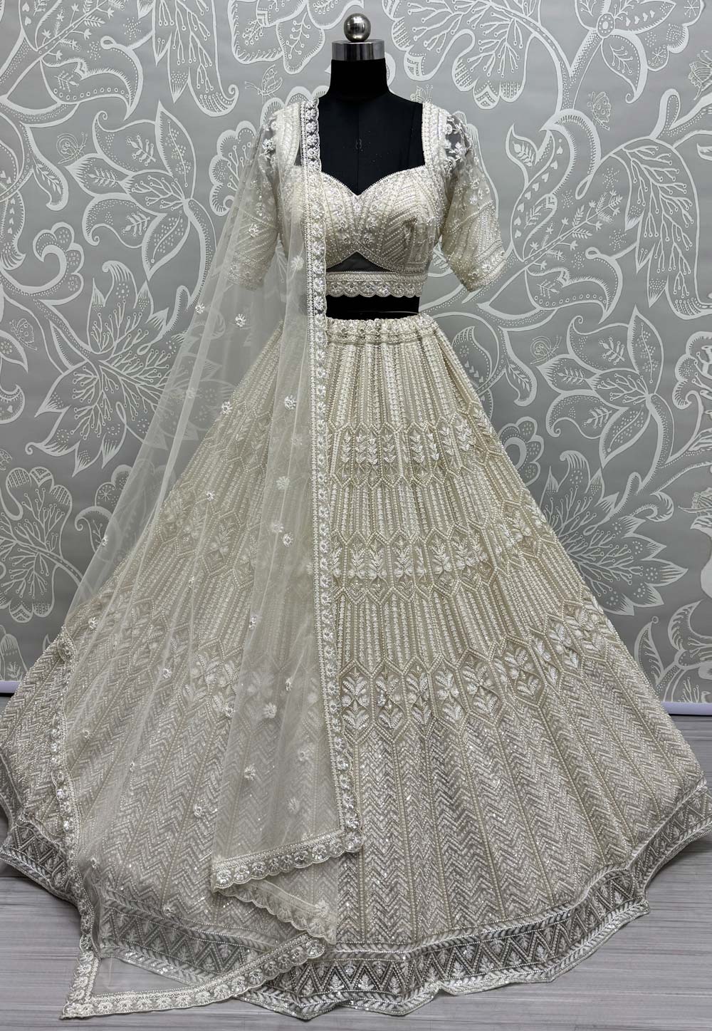 Cream Net Wedding Lehenga Choli 310331