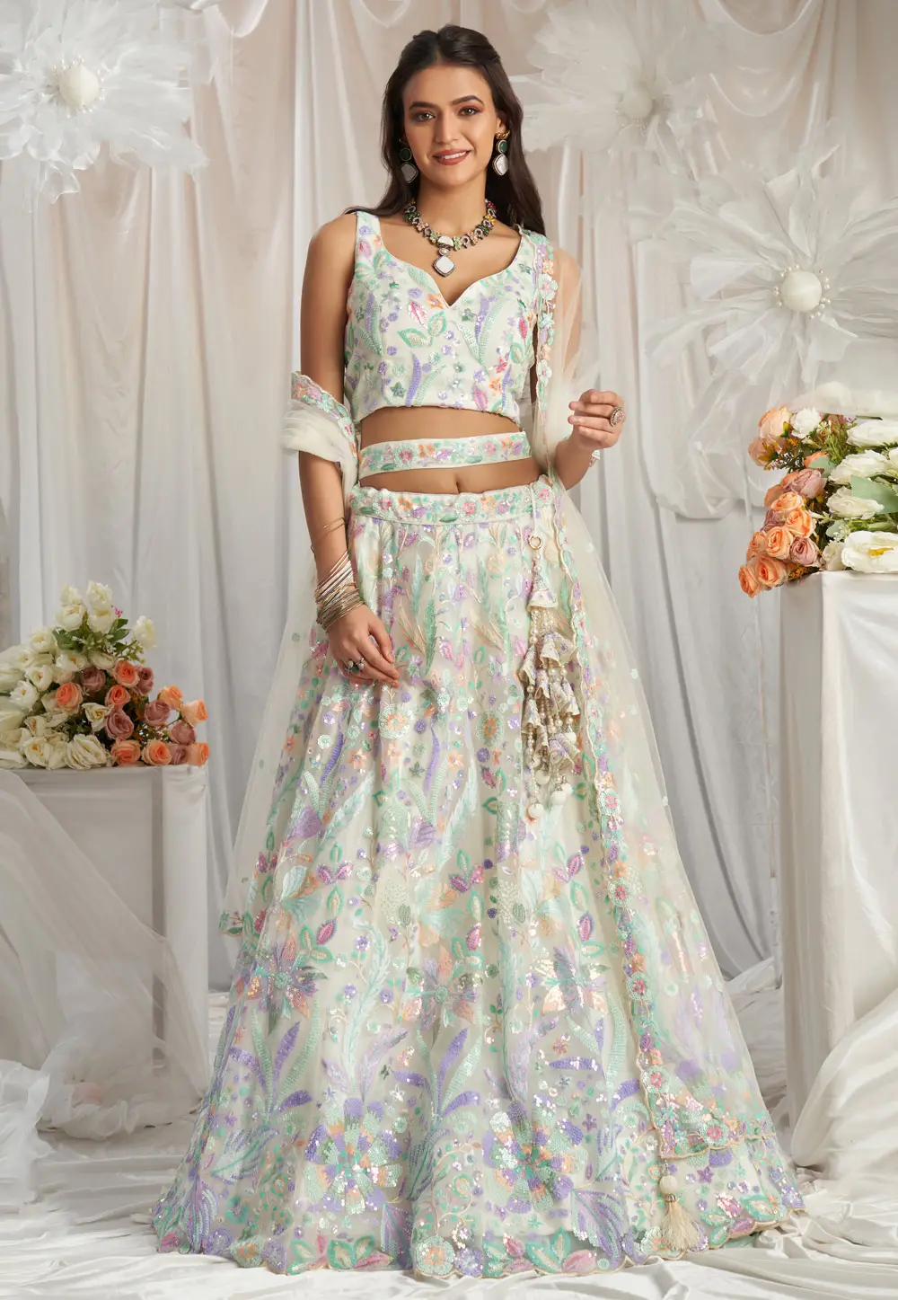 Cream Net Wedding Lehenga Choli 295384