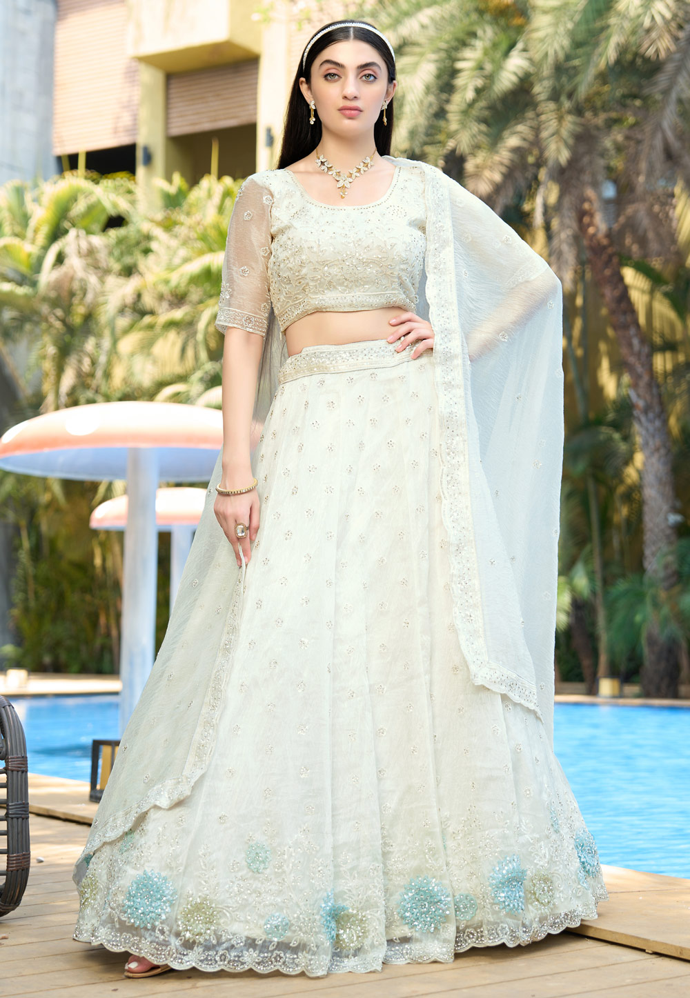 Cream Organza A Line Lehenga Choli 310382