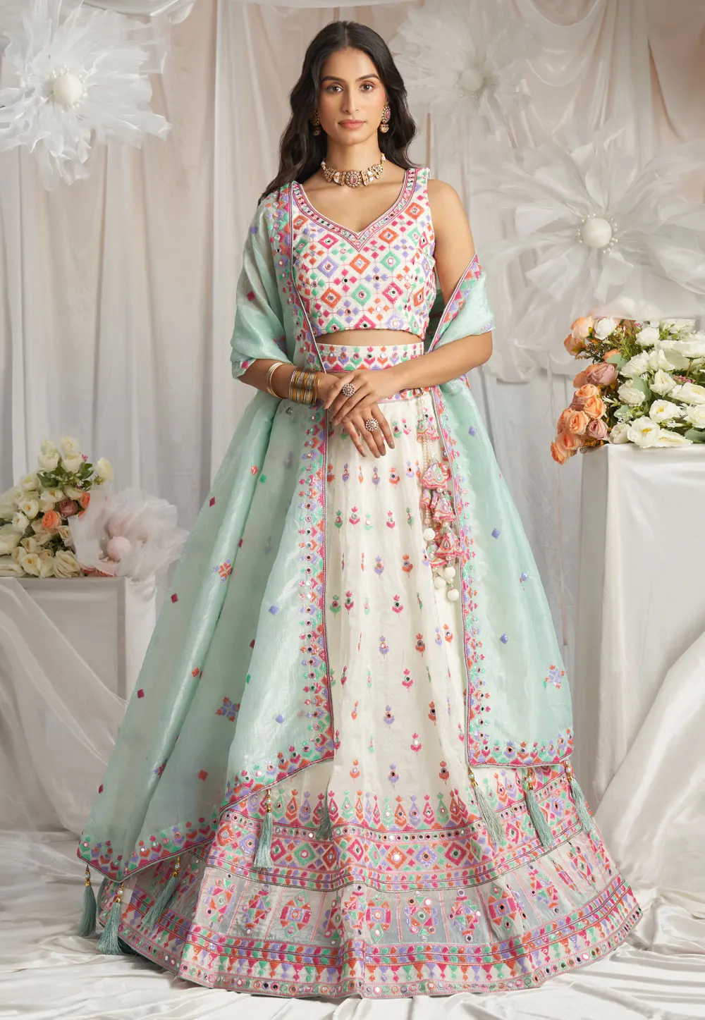 Cream Organza Circular Lehenga Choli 297327