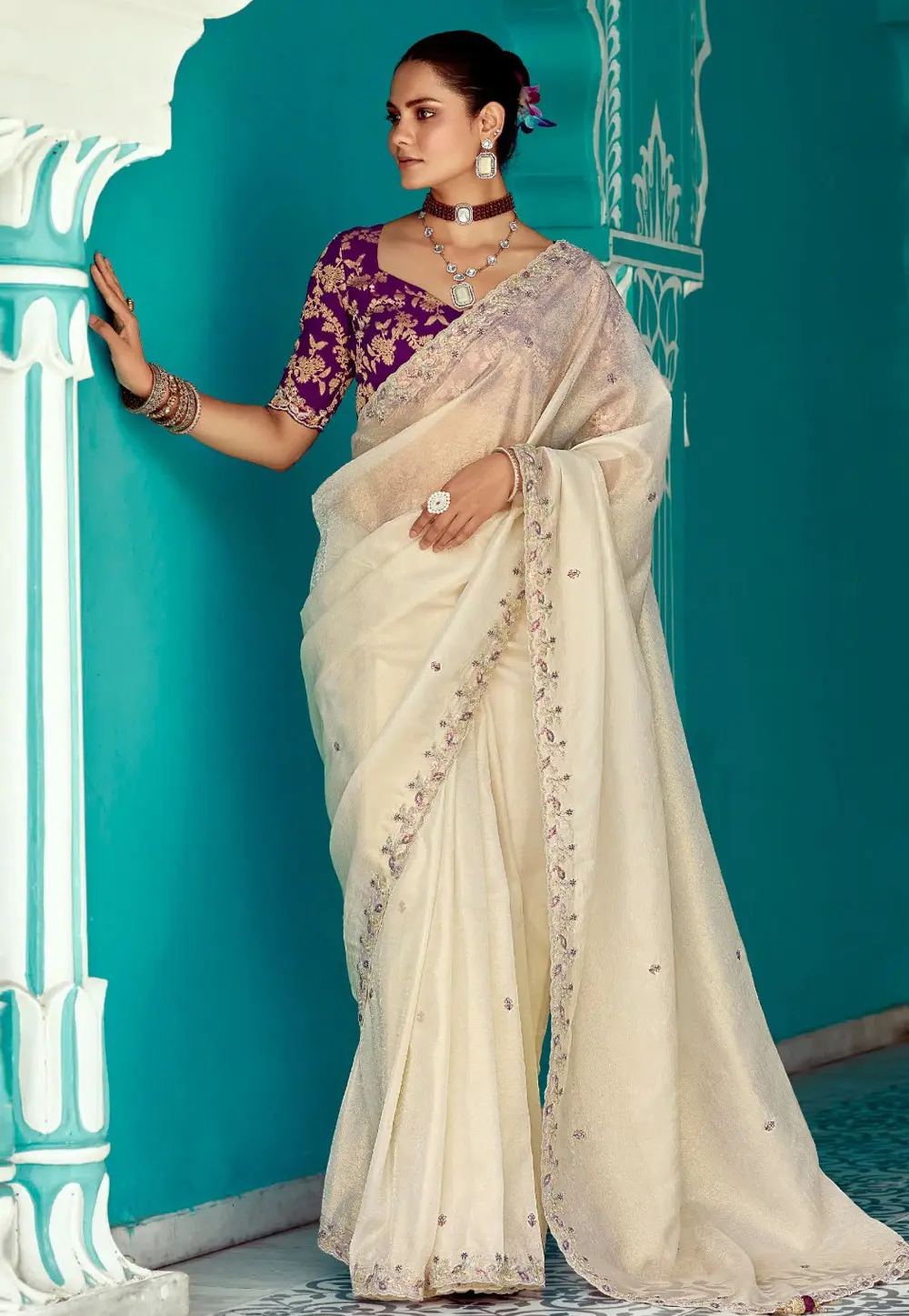 Cream Organza Saree With Blouse 304169