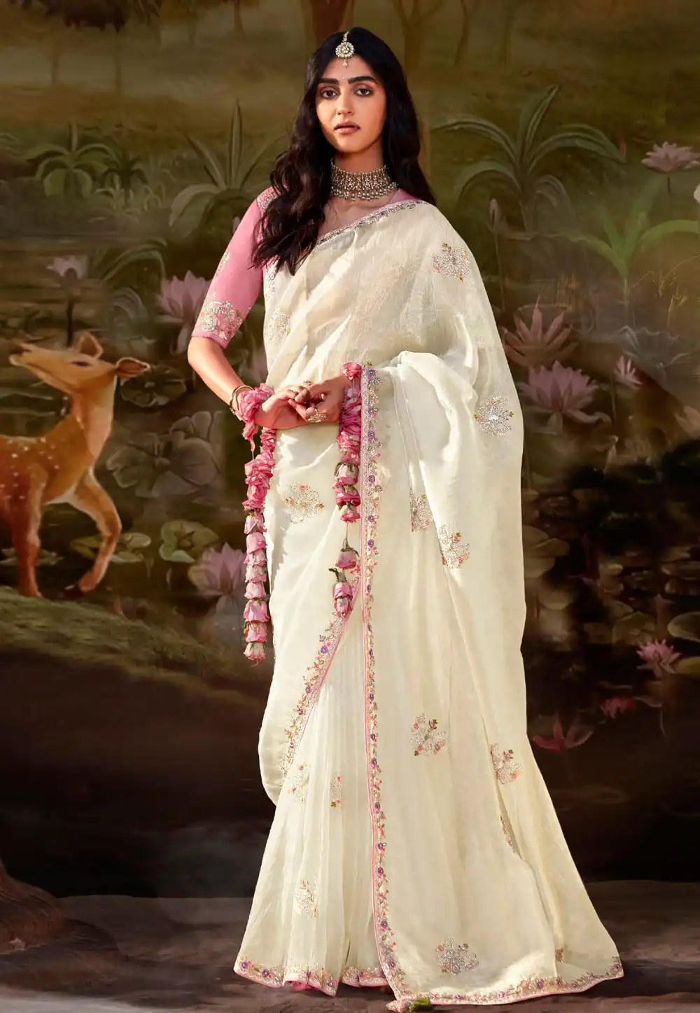 Cream Organza Saree With Blouse 292751