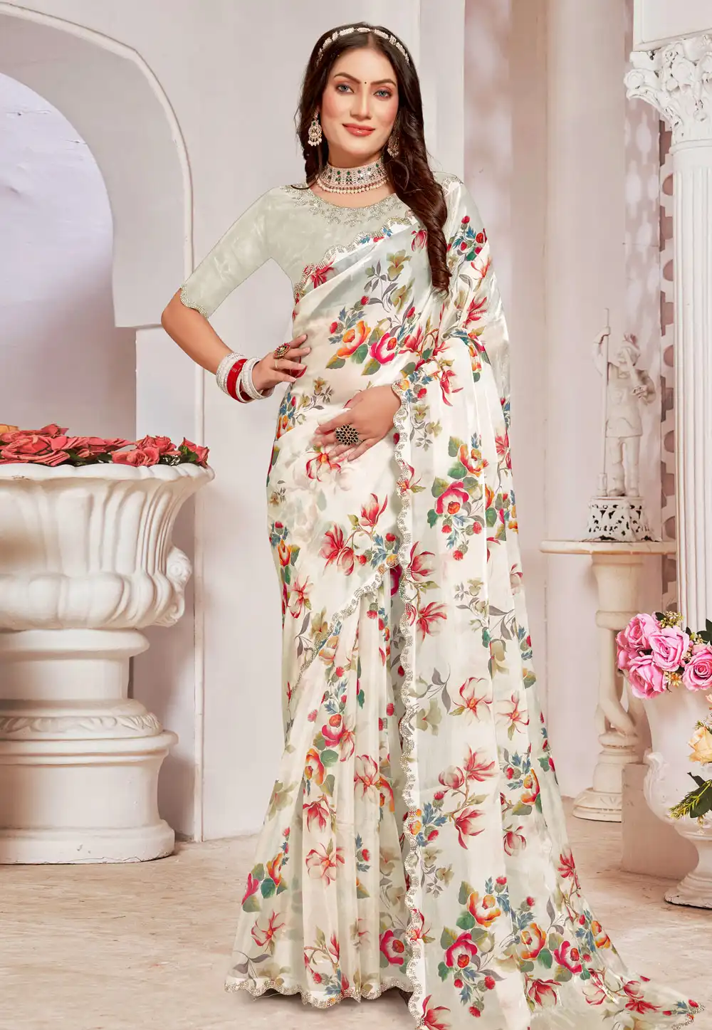 Cream Organza Saree With Blouse 293066