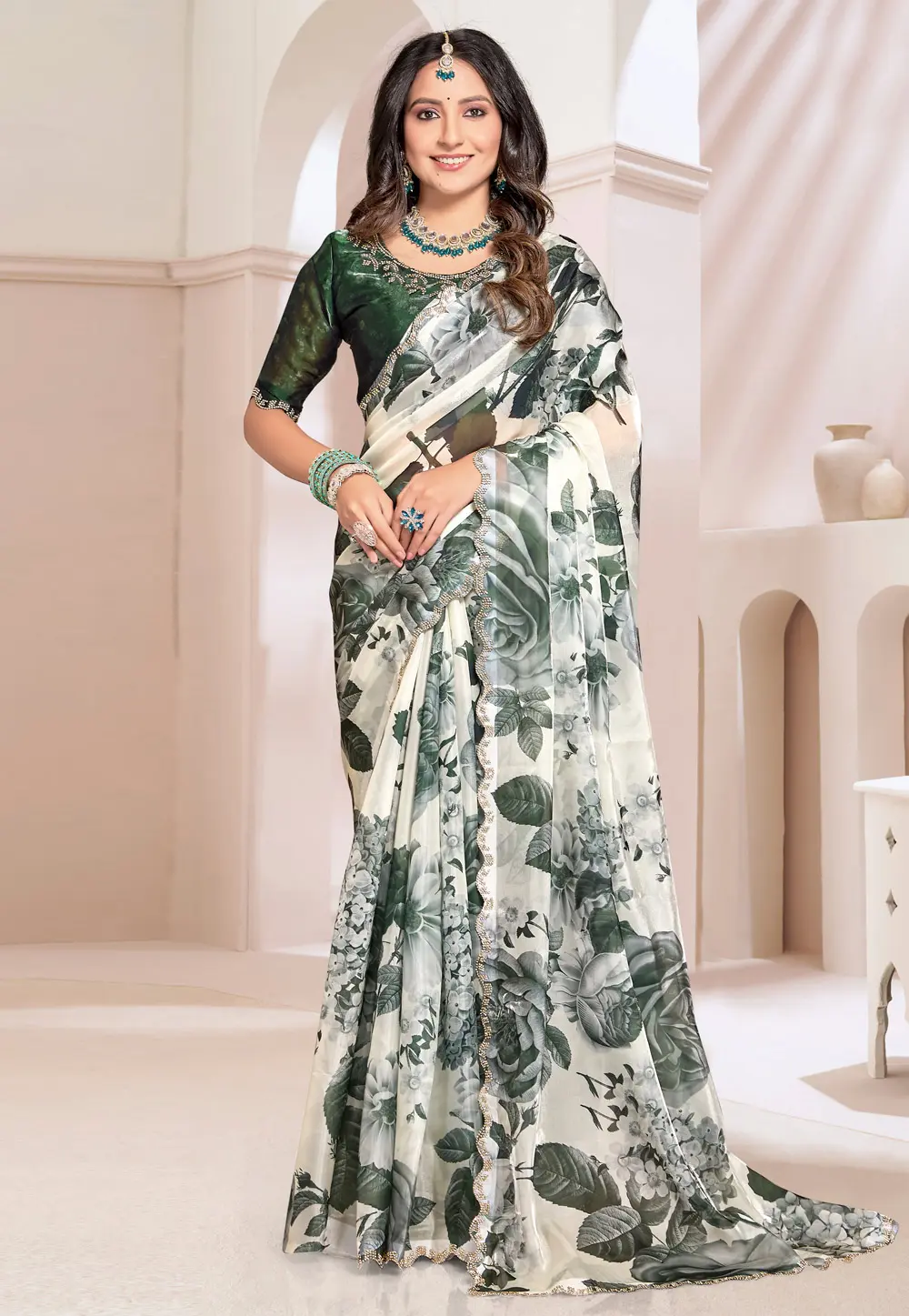 Cream Organza Saree With Blouse 298611