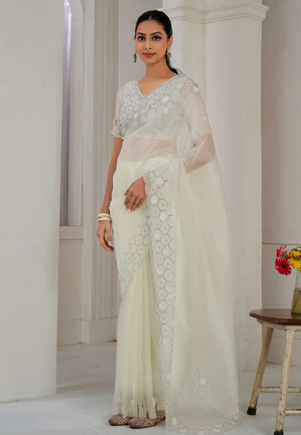 Cream Organza Saree With Blouse 299470