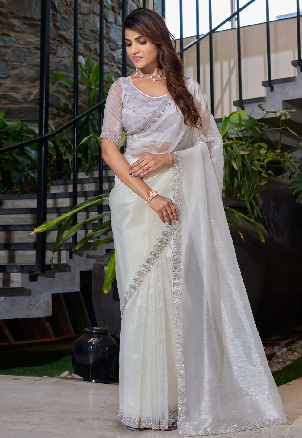 Cream Organza Saree With Blouse 300125