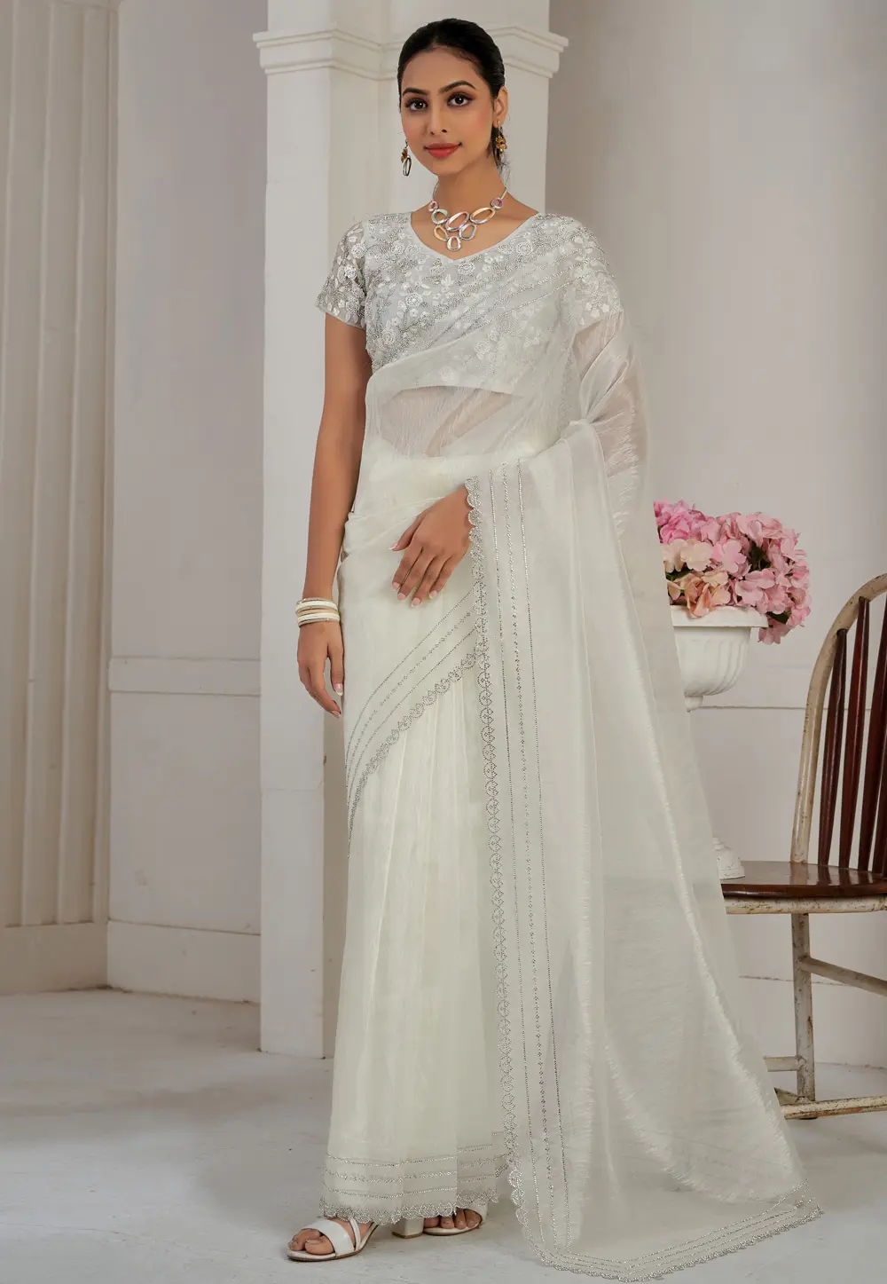 Cream Organza Saree With Blouse 300566