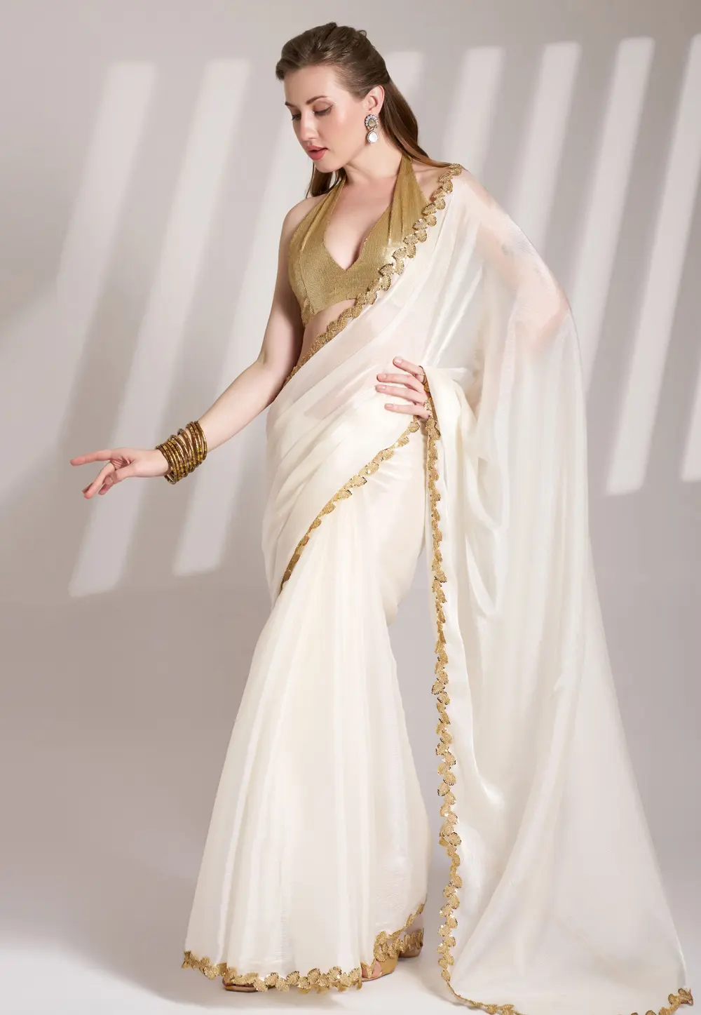 Cream Organza Saree With Blouse 304524