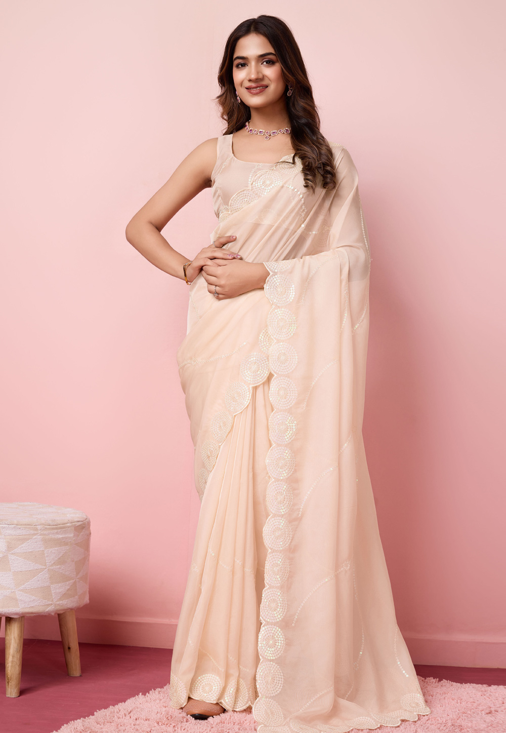 Cream Organza Saree With Blouse 287772