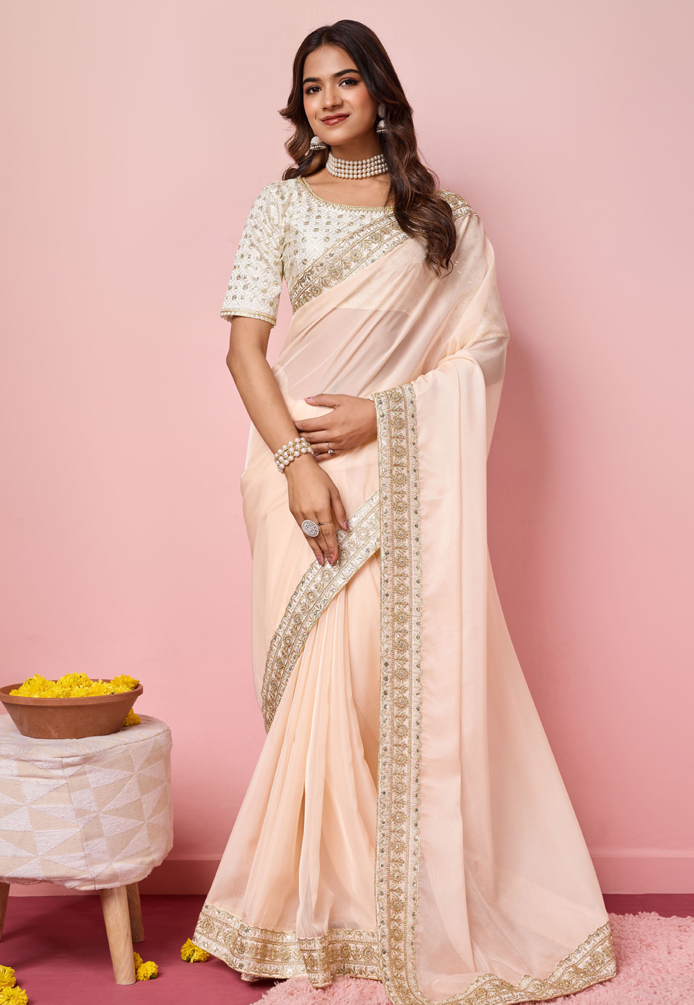 Cream Organza Saree With Blouse 287790