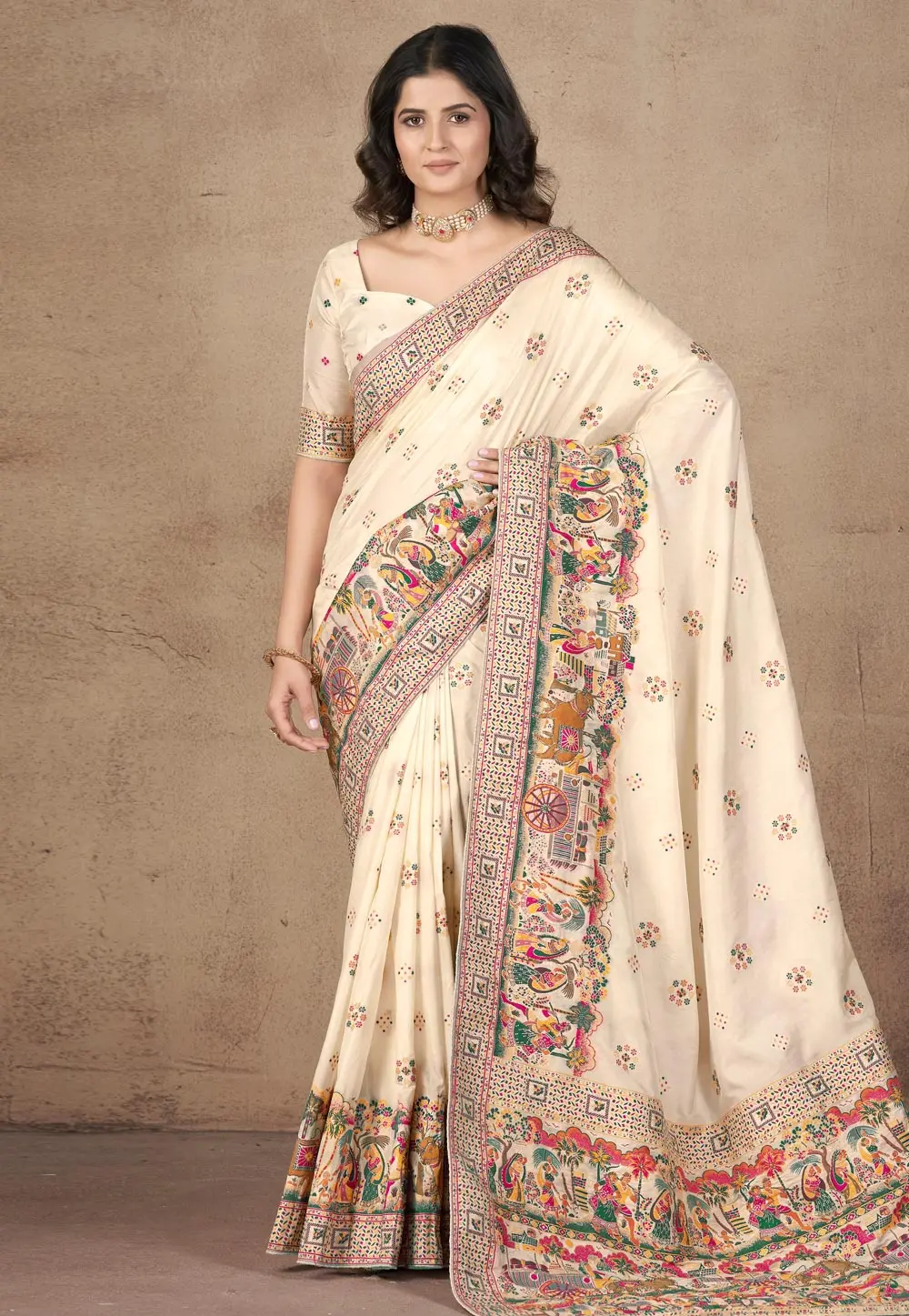 Cream Pashmina Saree With Blouse 298497