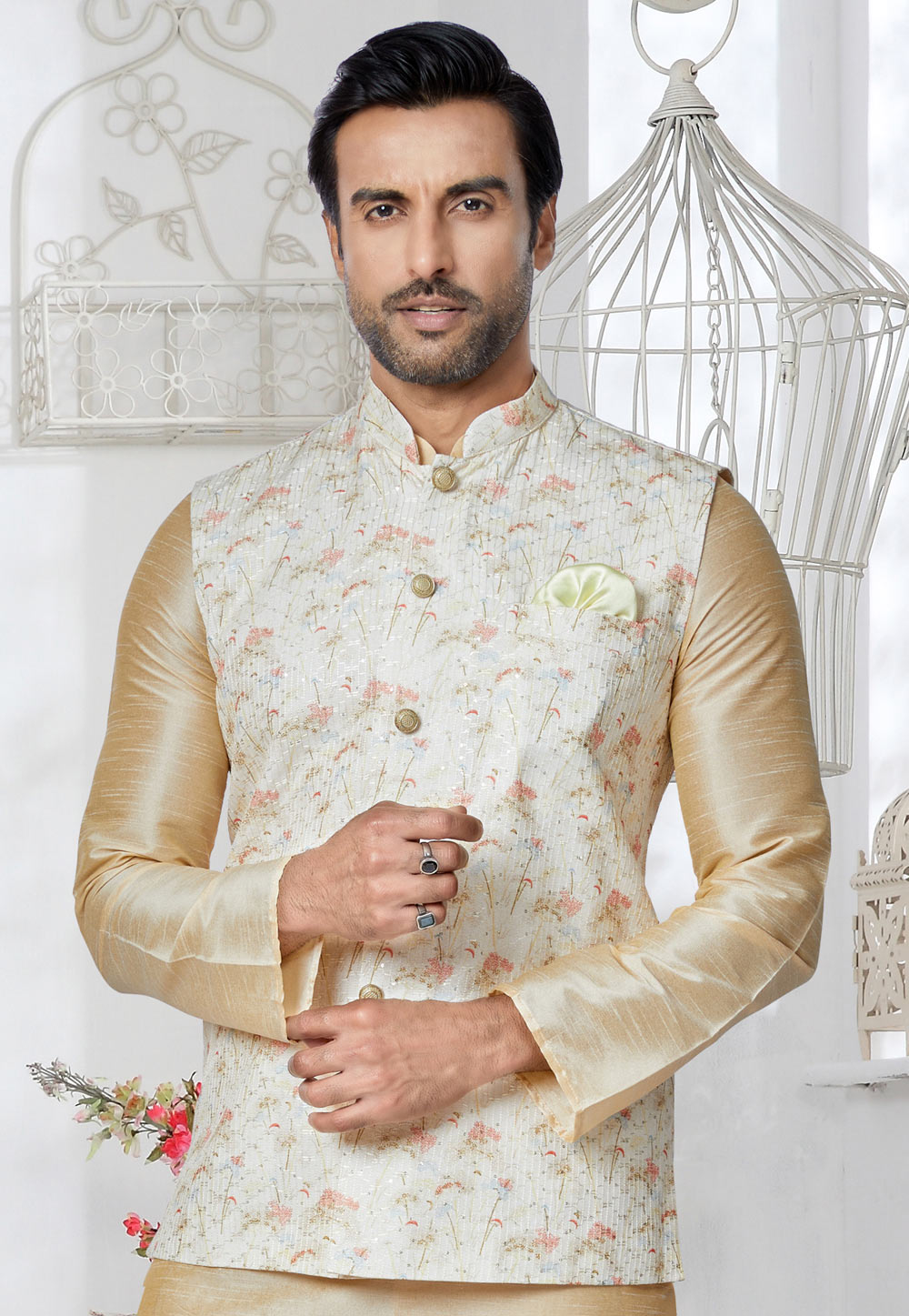 Cream Polyester Nehru Jacket 286797