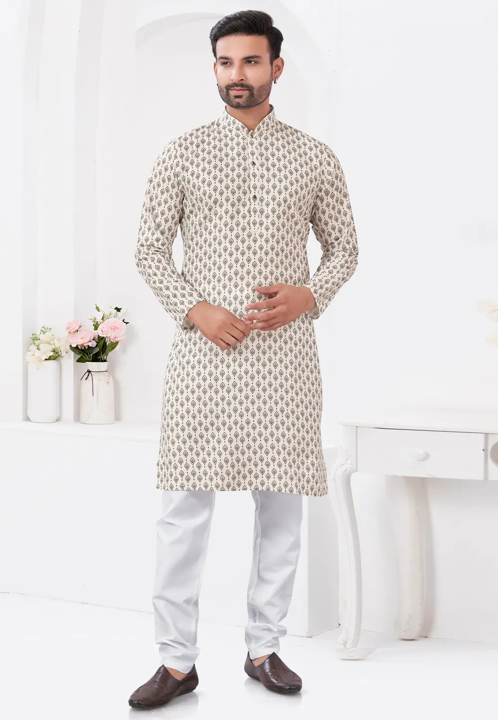 Cream Rayon Kurta Pajama 300286