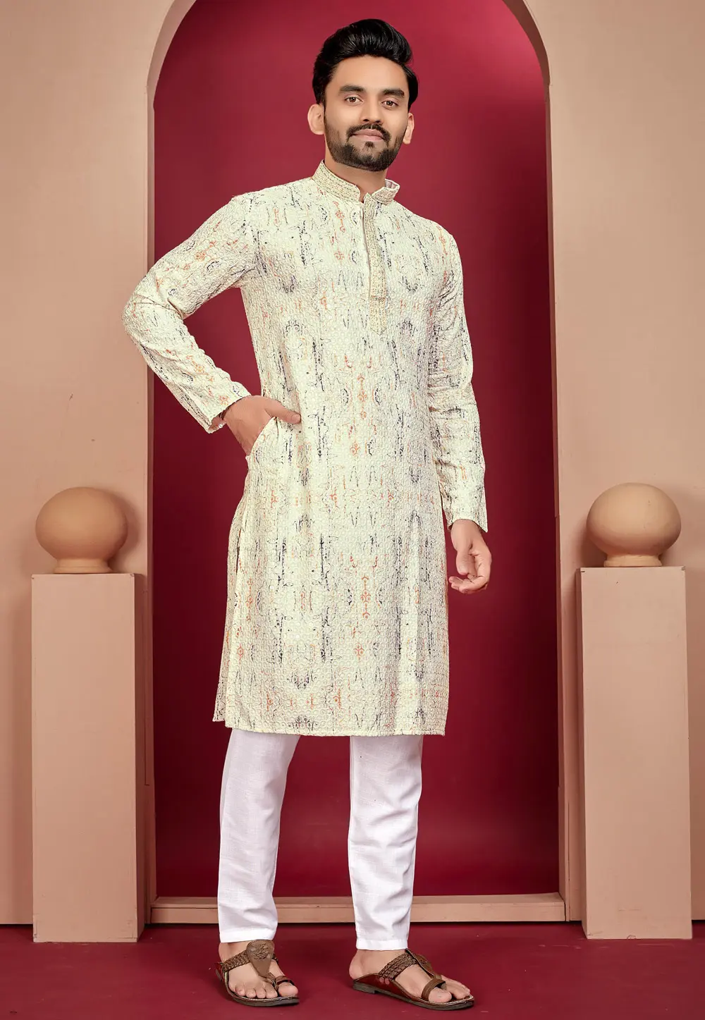 Cream Rayon Kurta Pajama 304274