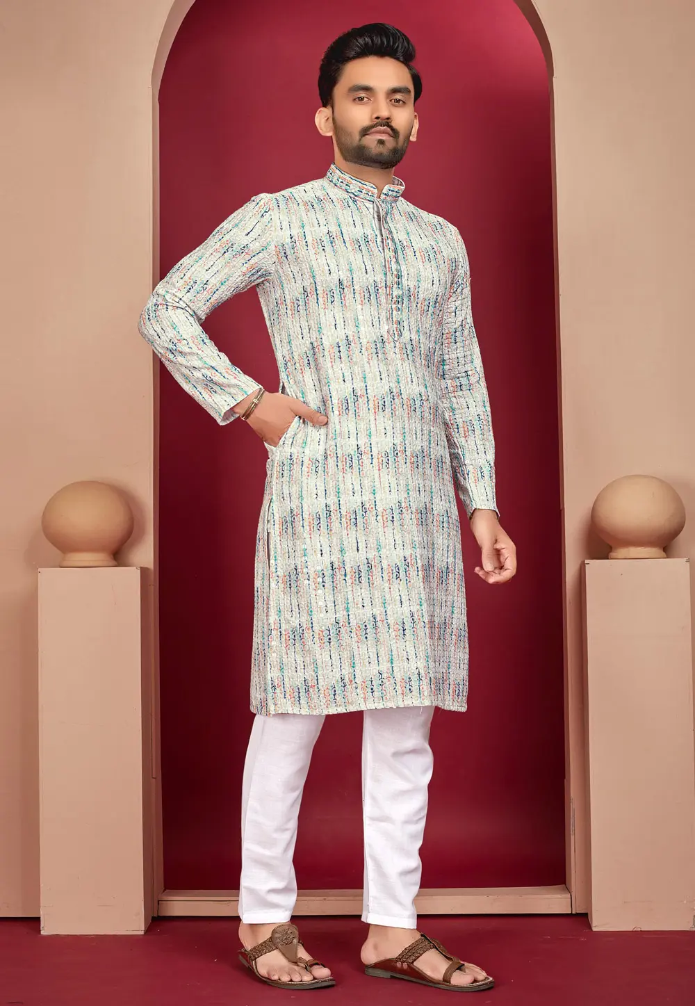 Cream Rayon Kurta Pajama 304276