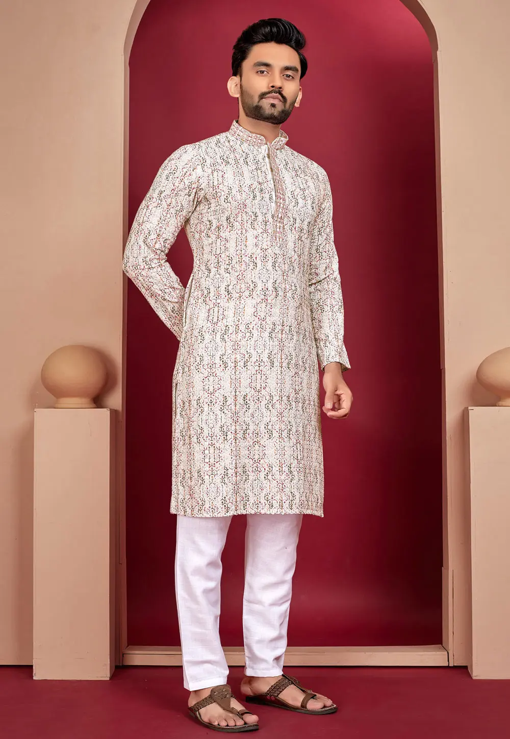 Cream Rayon Kurta Pajama 304277