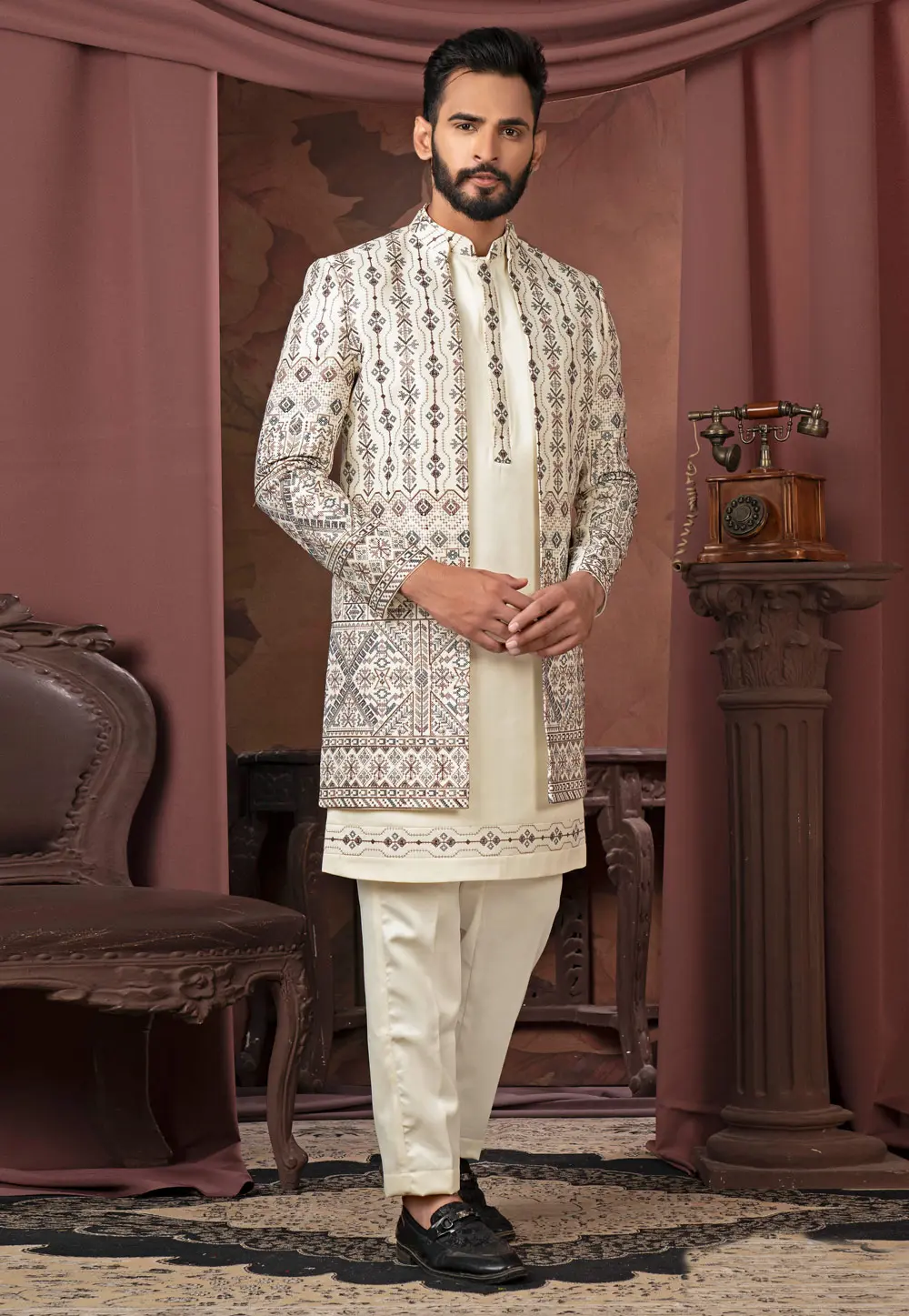 Cream Satin Indo Western Suit 302429