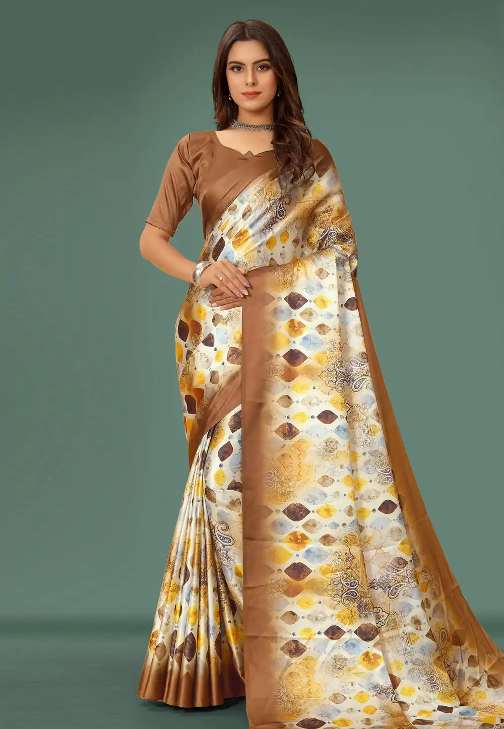 Cream Satin Saree With Blouse 293032