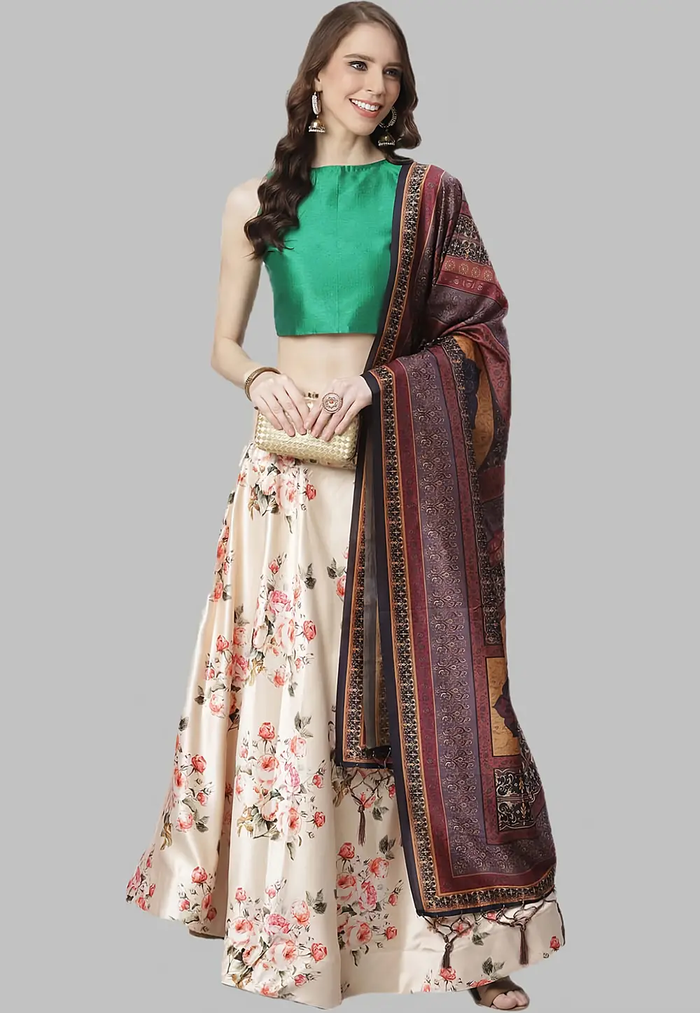 Cream Satin Silk Floral Lehenga choli 297138