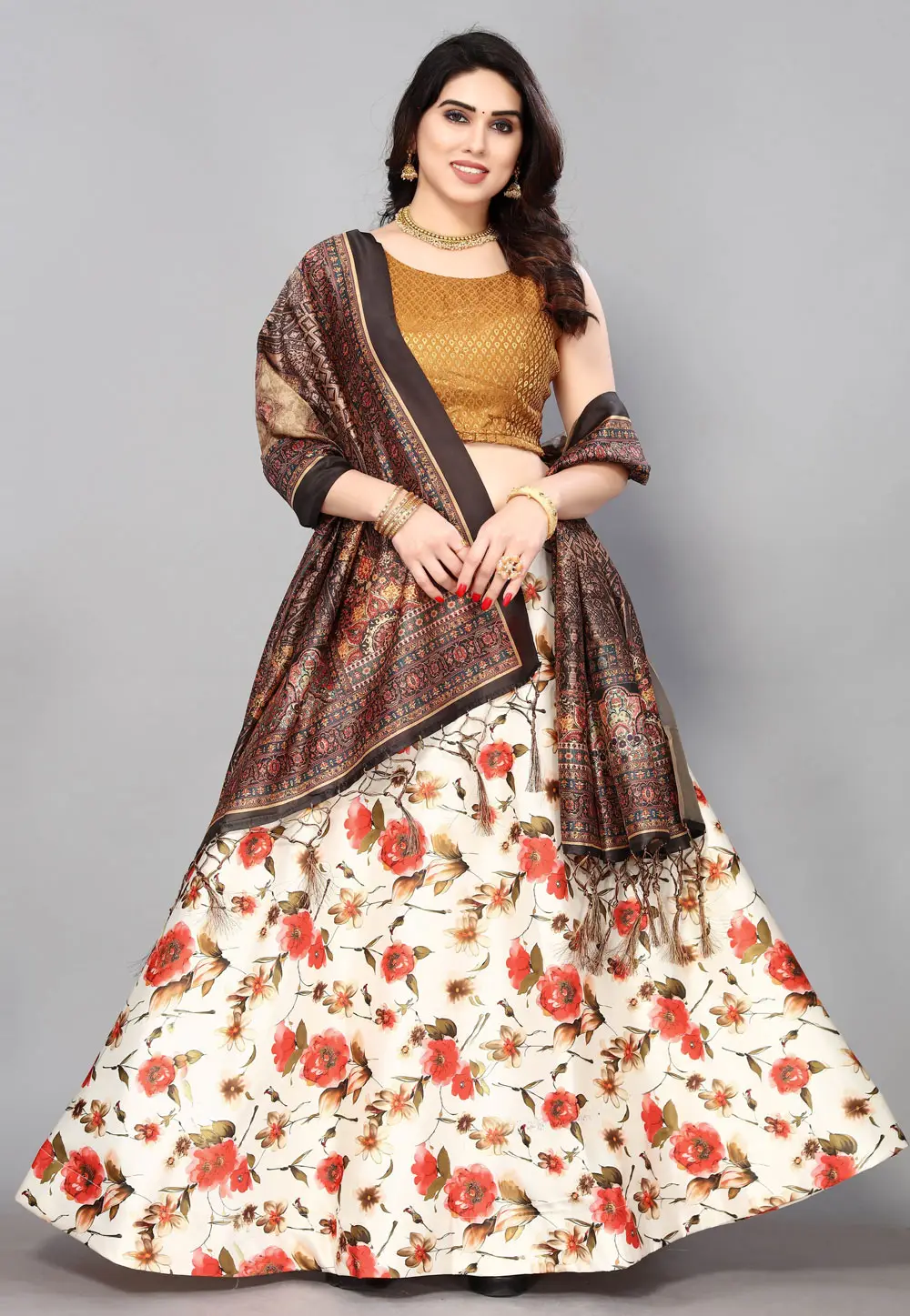 Cream Satin Silk Floral Lehenga choli 297164