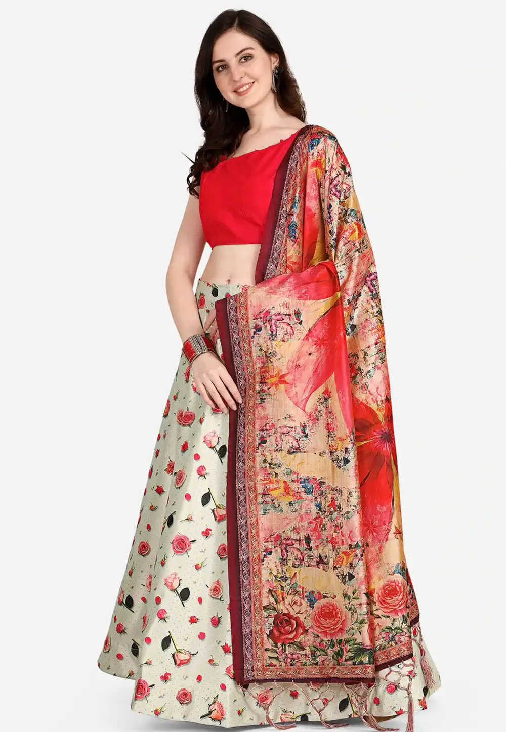 Cream Satin Silk Floral Lehenga choli 292273