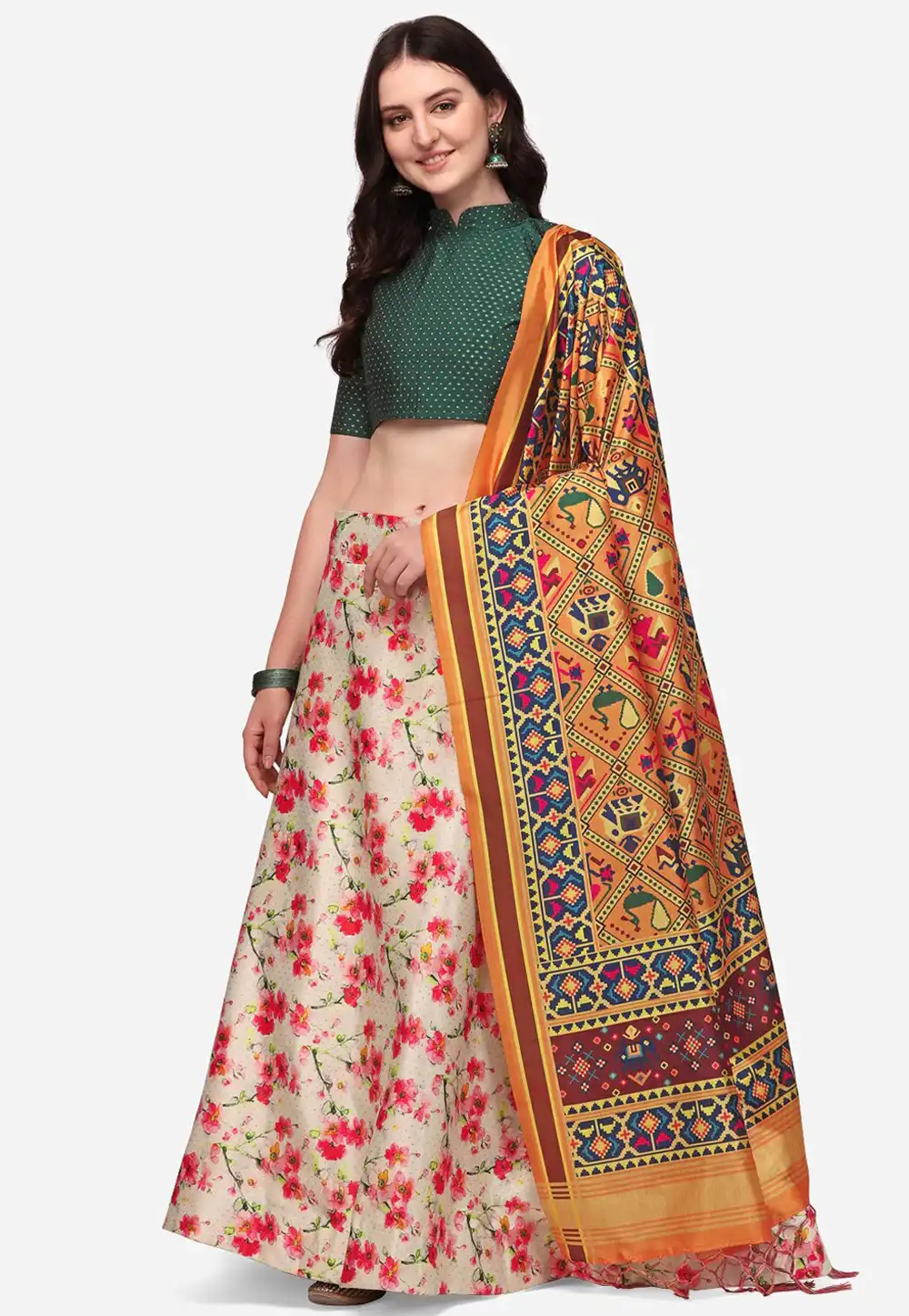 Cream Satin Silk Floral Lehenga choli 292275