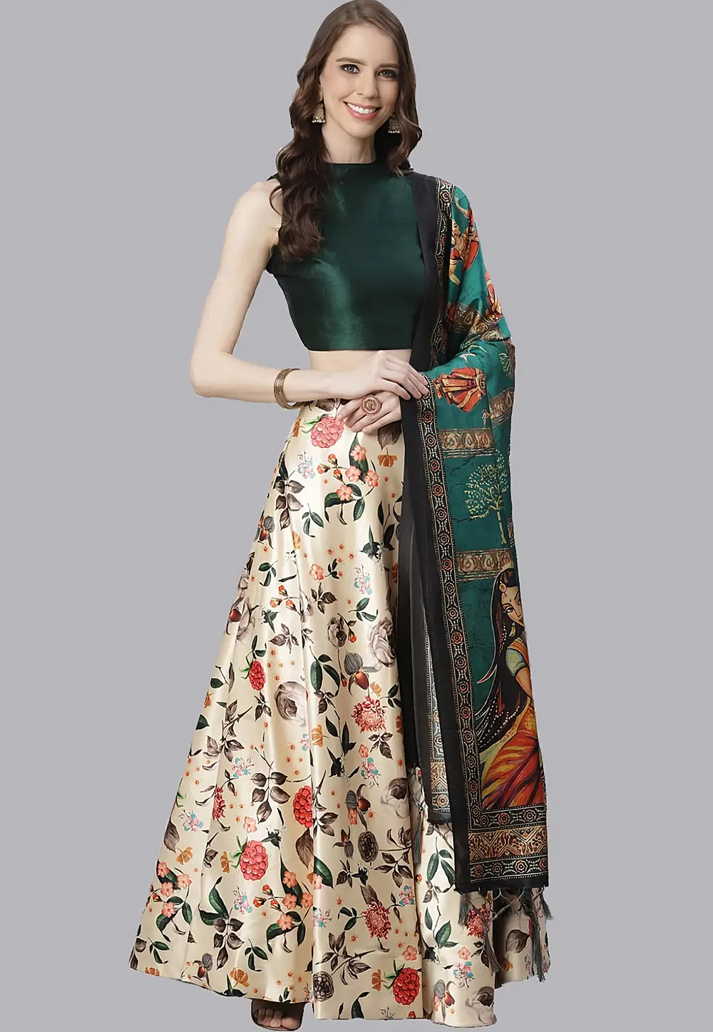 Cream Satin Silk Floral print Lehenga choli 297139