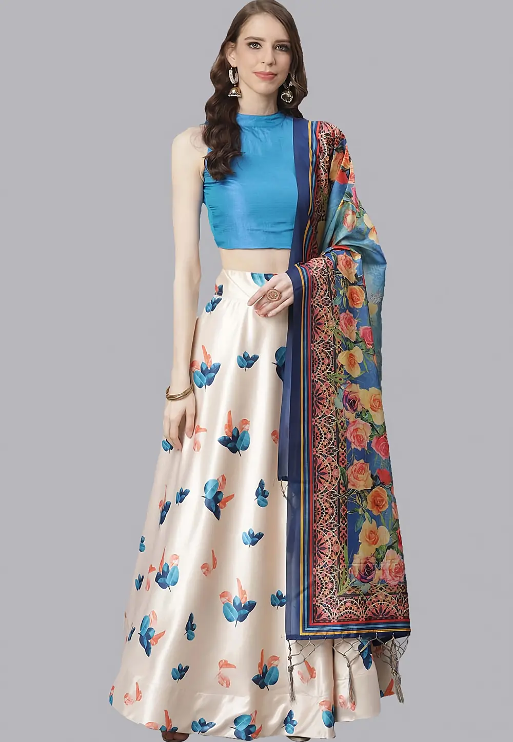 Cream Satin Silk Floral print Lehenga choli 297153