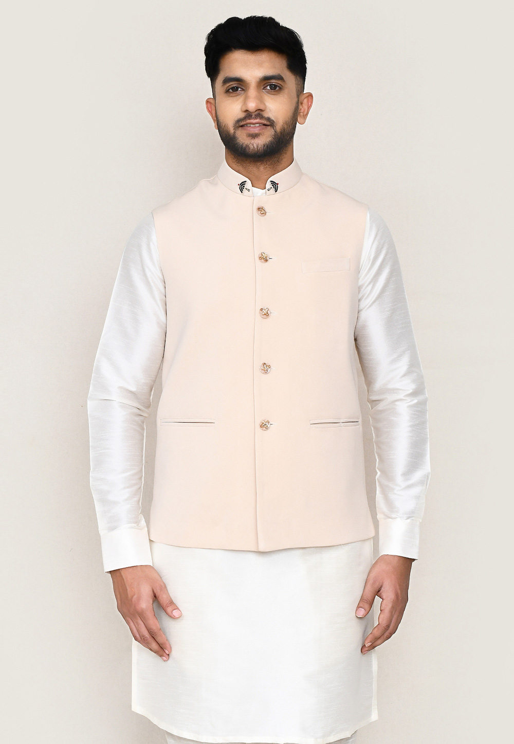 Cream Satin Silk Nehru Jacket 306060