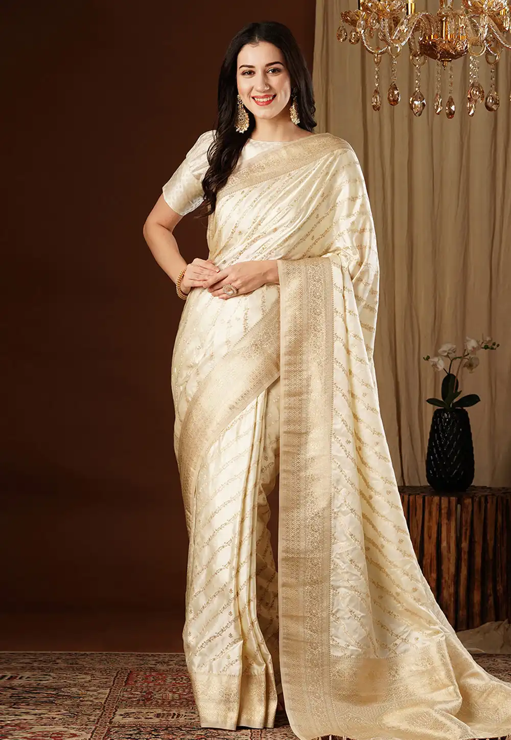 Cream Satin Silk Saree With Blouse 292696