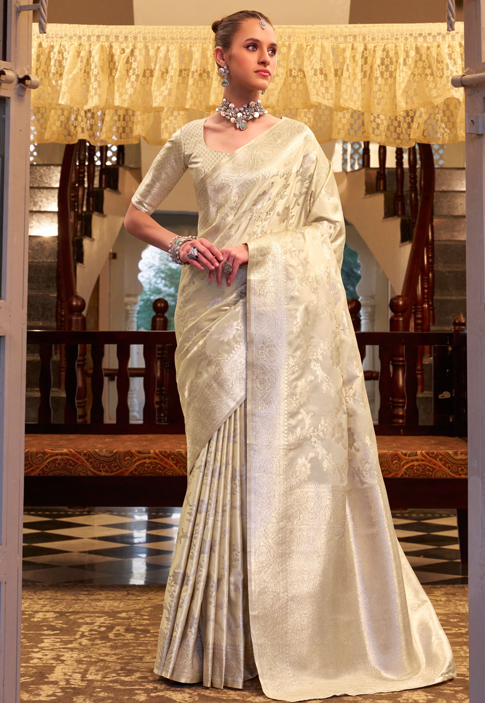 Cream Satin Silk Saree With Blouse 309098