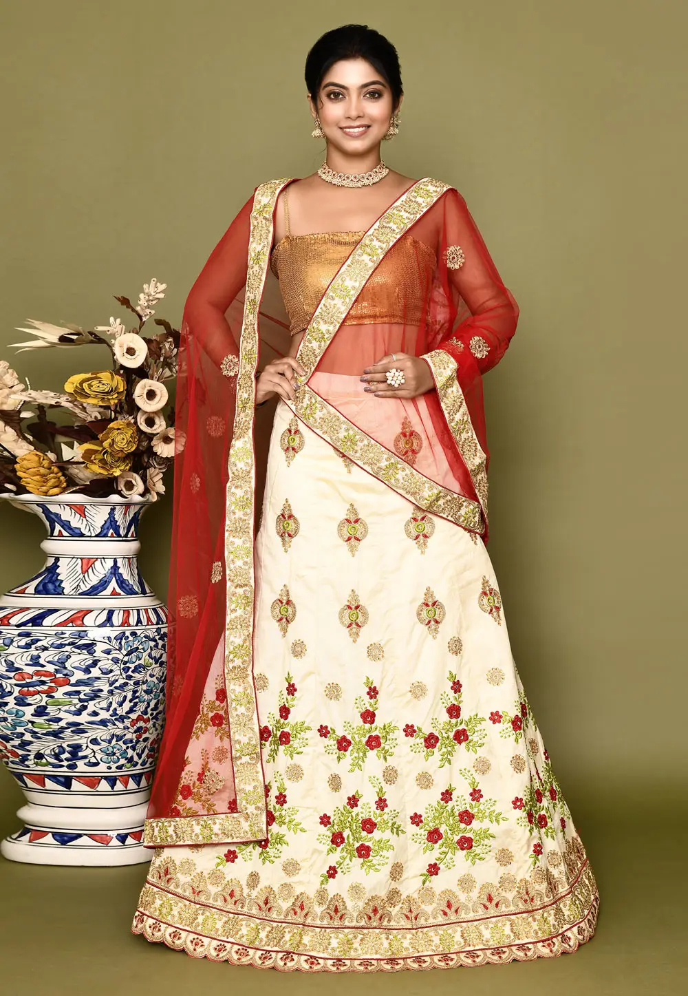 Cream Silk A Line Lehenga Choli 295795