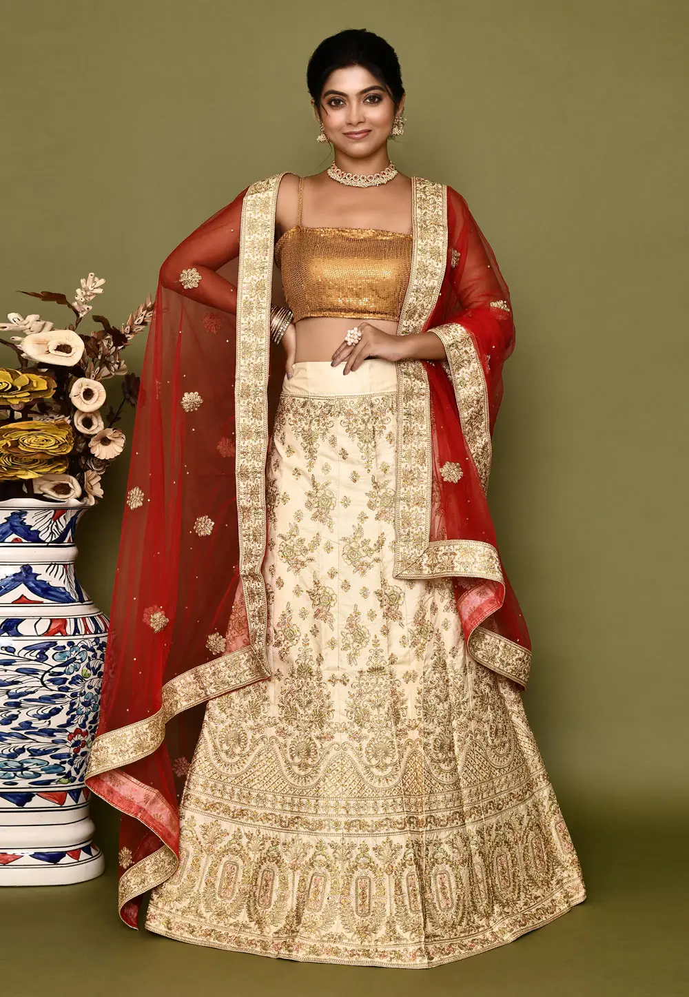 Cream Silk A Line Lehenga Choli 295802