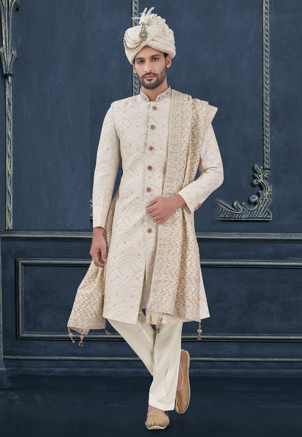 Cream Silk Achkan Style Sherwani 305184