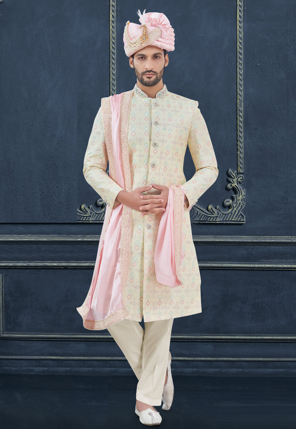 Cream Silk Achkan Style Sherwani 305189