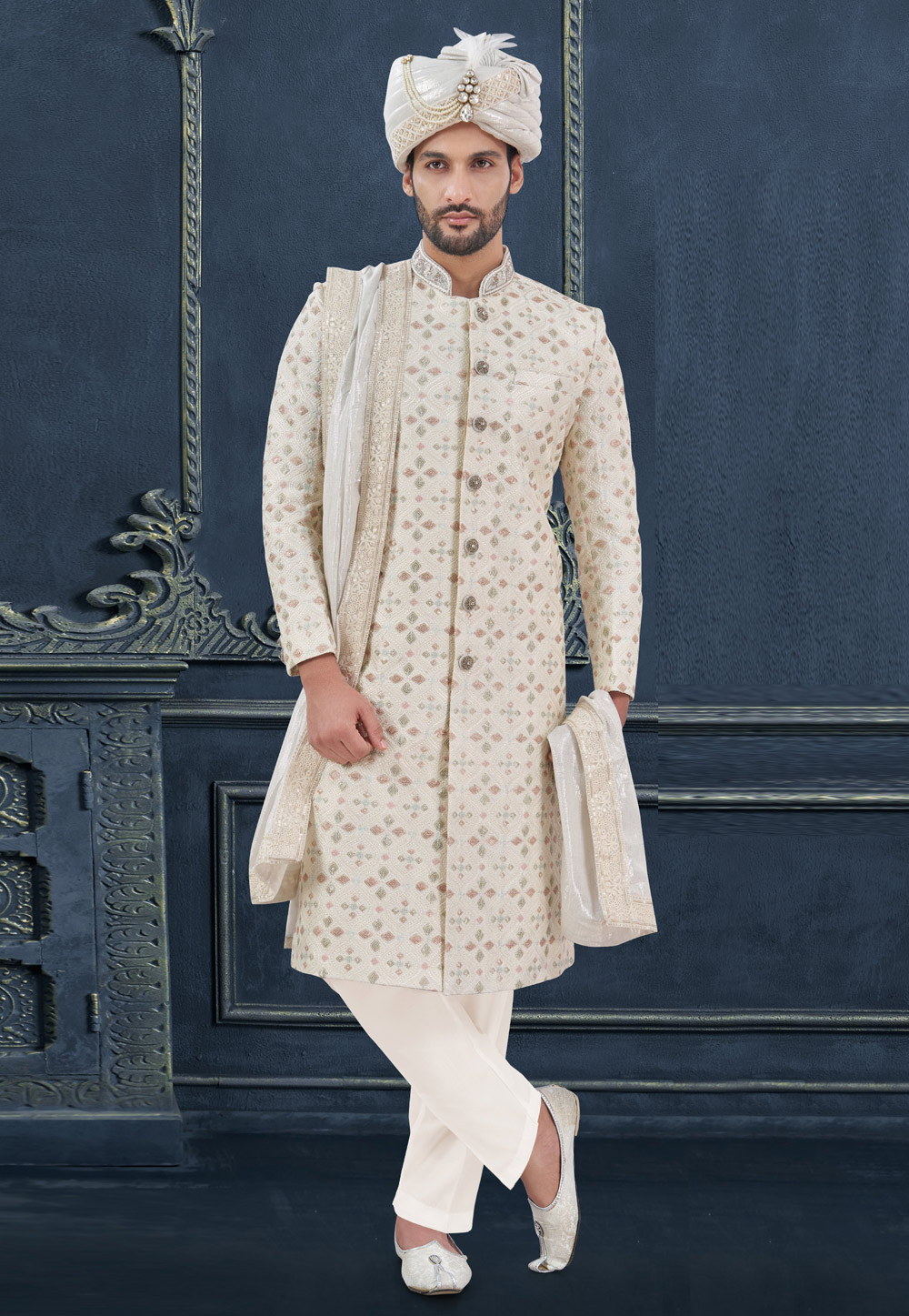 Cream Silk Achkan Style Sherwani 305212