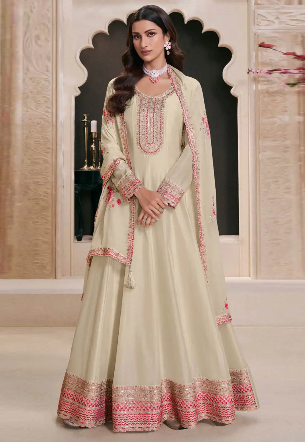 Cream Silk Anarkali Suit 304637