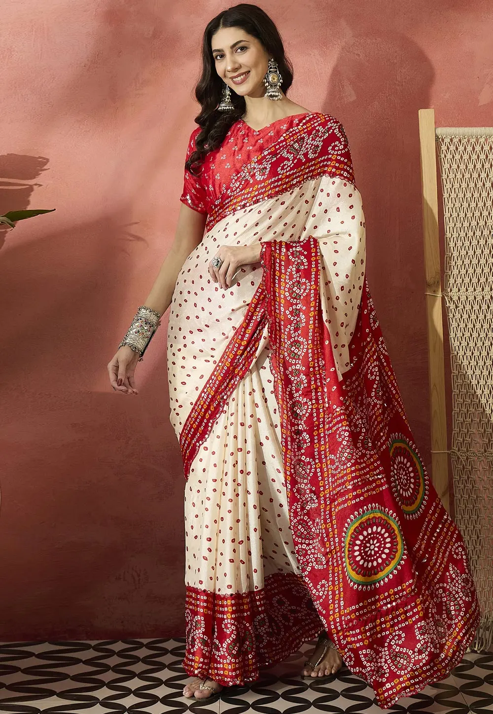 Cream Silk Bandhani Print Saree 304739