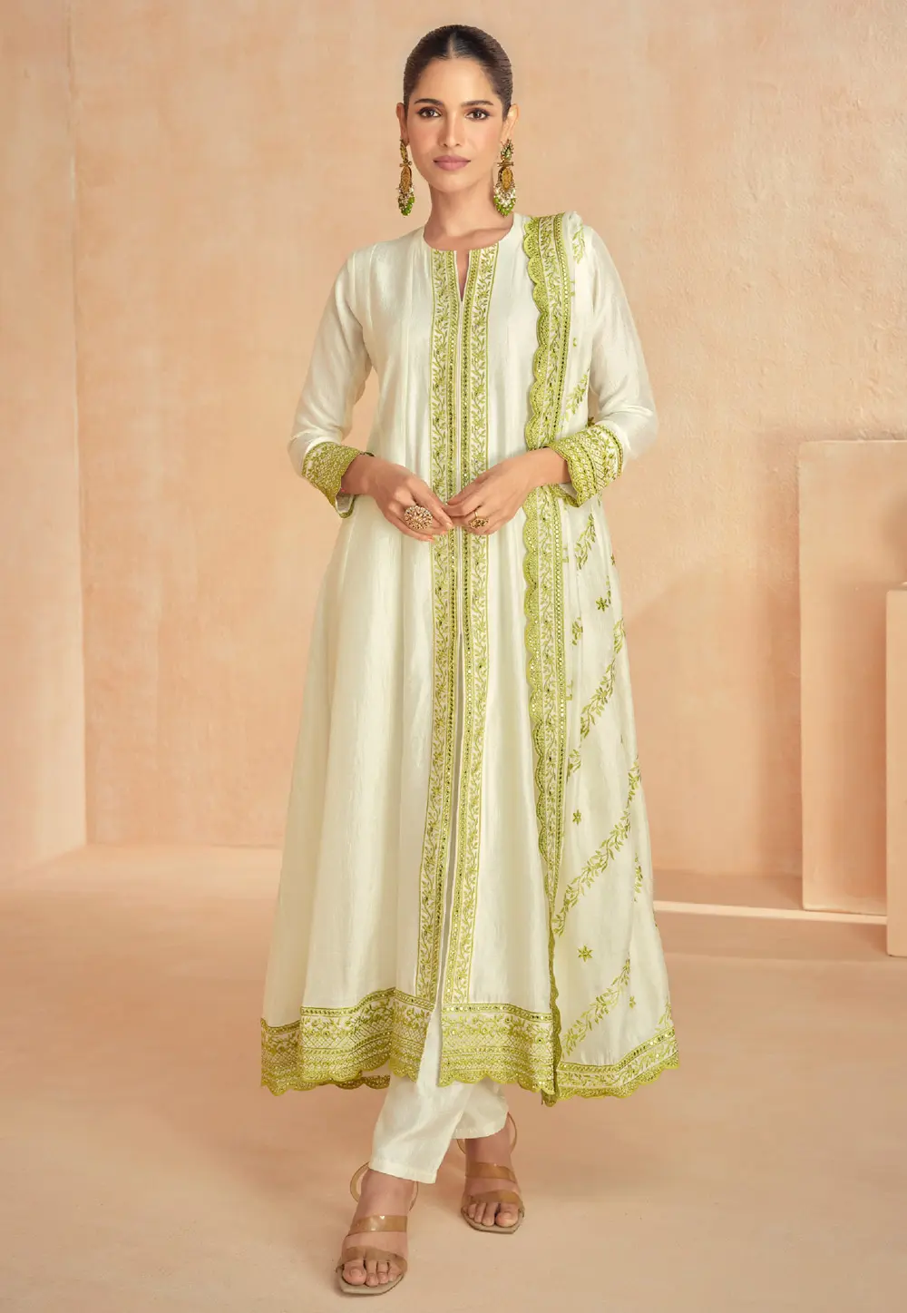 Cream Silk Center Slit Anarkali Suit 298420