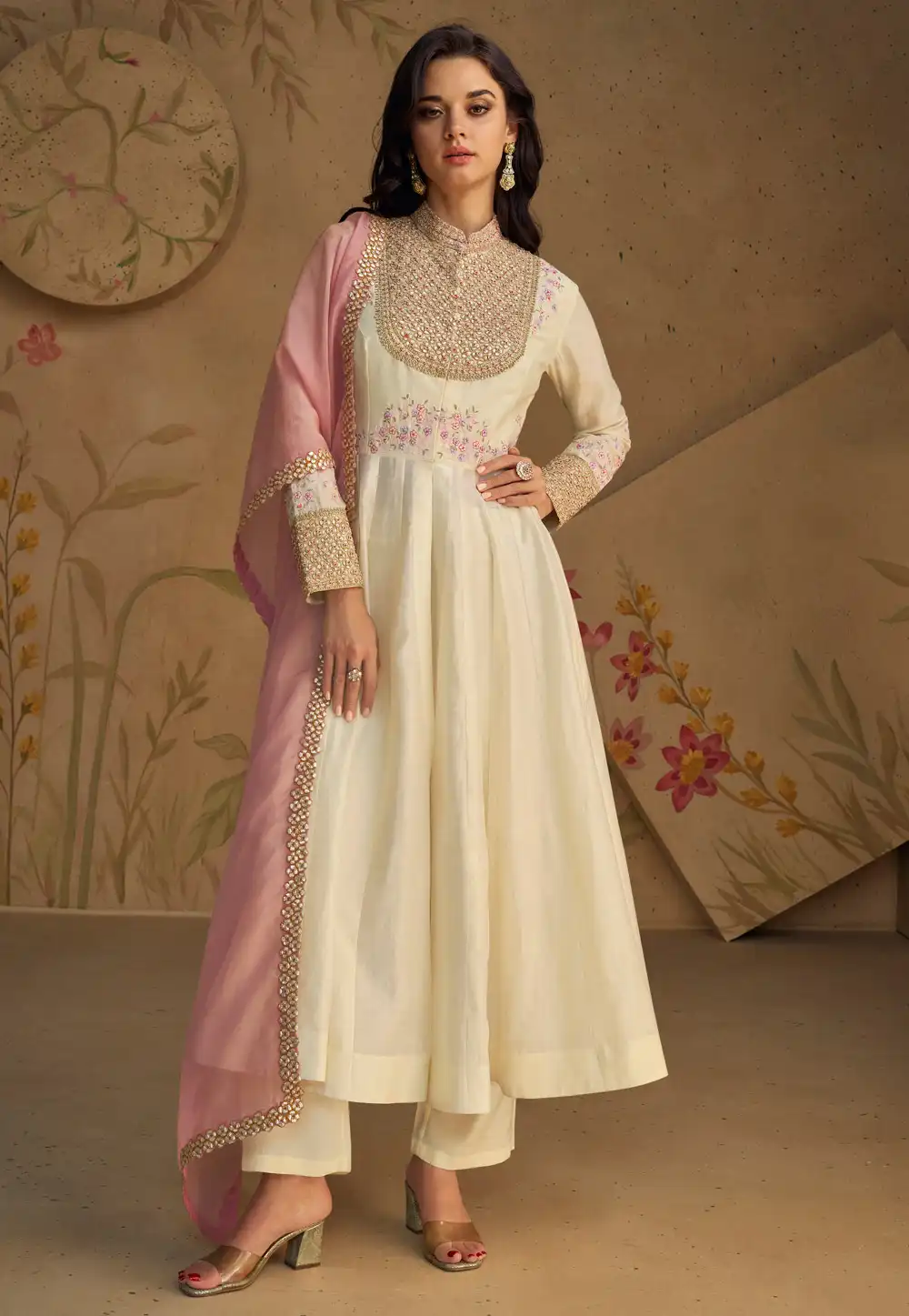 Cream Silk Center Slit Anarkali Suit 291696