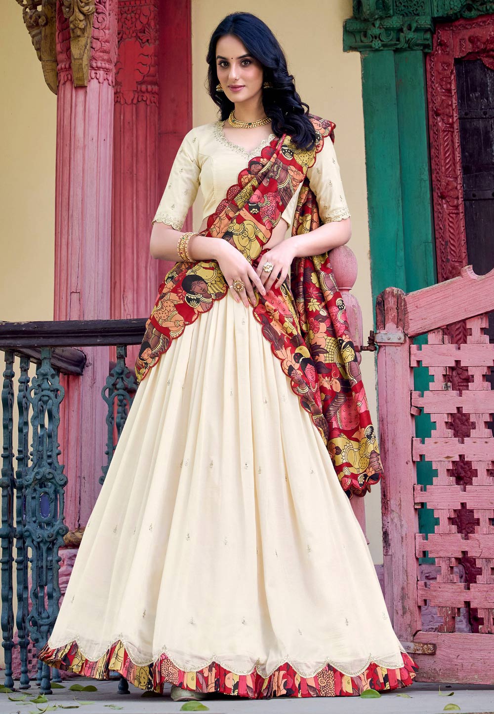 Cream Silk Circular Lehenga Choli 310207