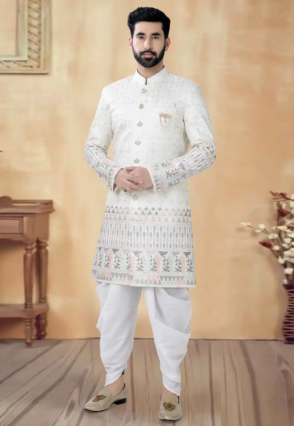 Cream Silk Dhoti Sherwani 292409